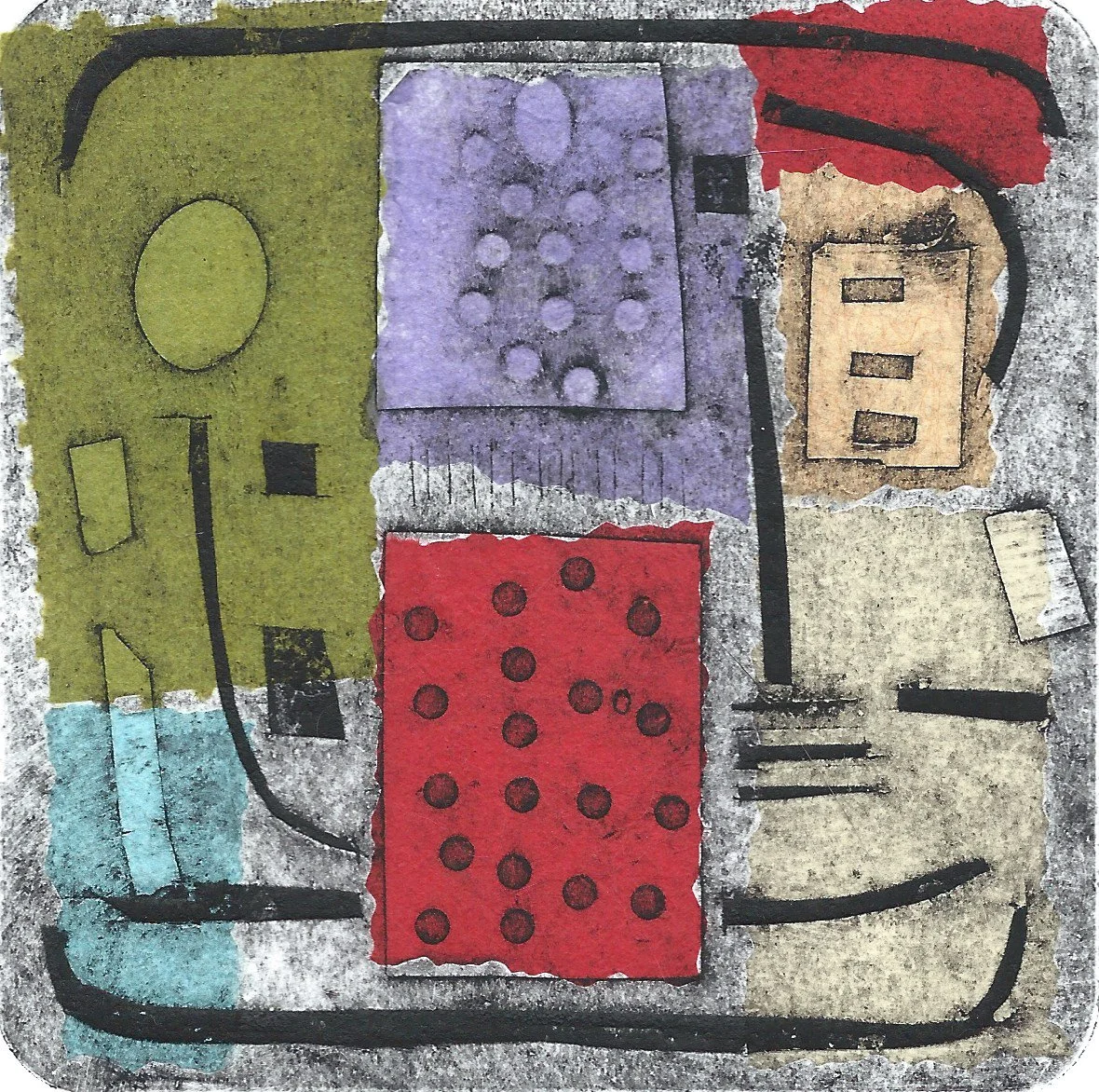 "Surburbs#5". Collagraph with Chine Colle'. Print size: 4" x 4". Paper size: 8" x 8". 2026. 