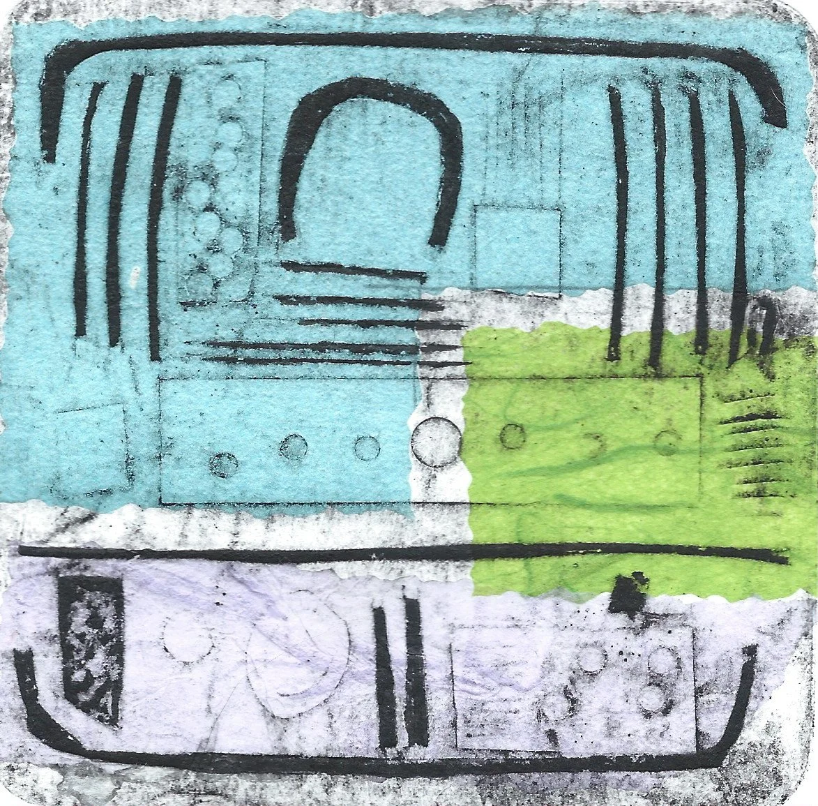 "Surburbs#3". Collagraph with Chine Colle'. Print size: 4" x 4". Paper size: 8" x 8". 2026. 