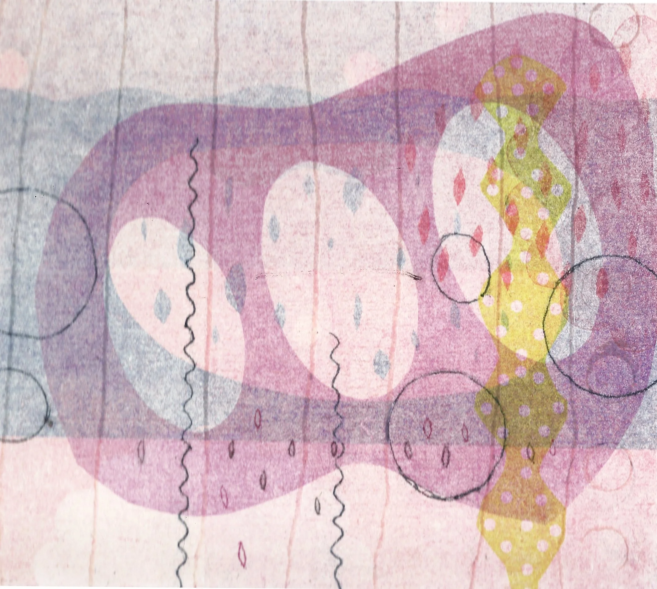"Lavender Marriage". Print size: 6.250" X 7". Monoprint, trace monotype, stencils, 2026. 
