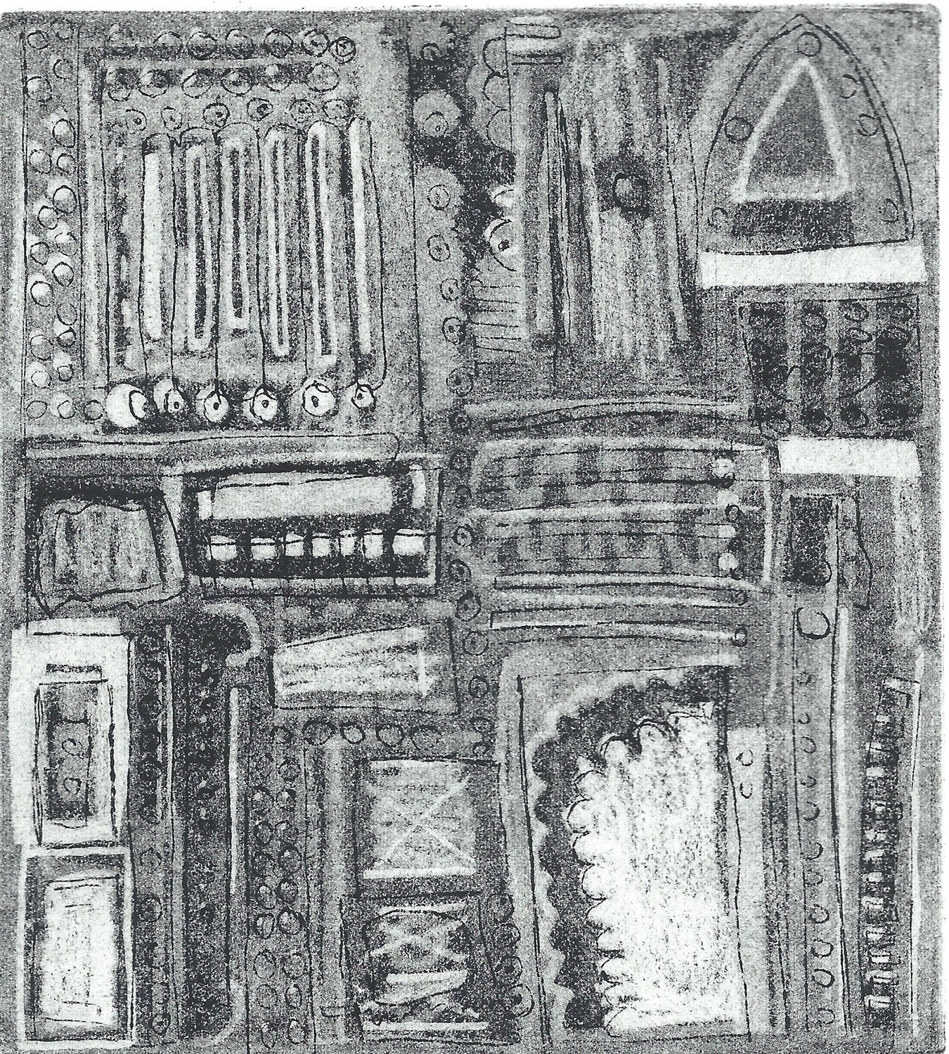 "Diagram Architecture II". 2024. Copper plate etching with aquatint. 5.01825" x 5.25."Diagram architecture I". 