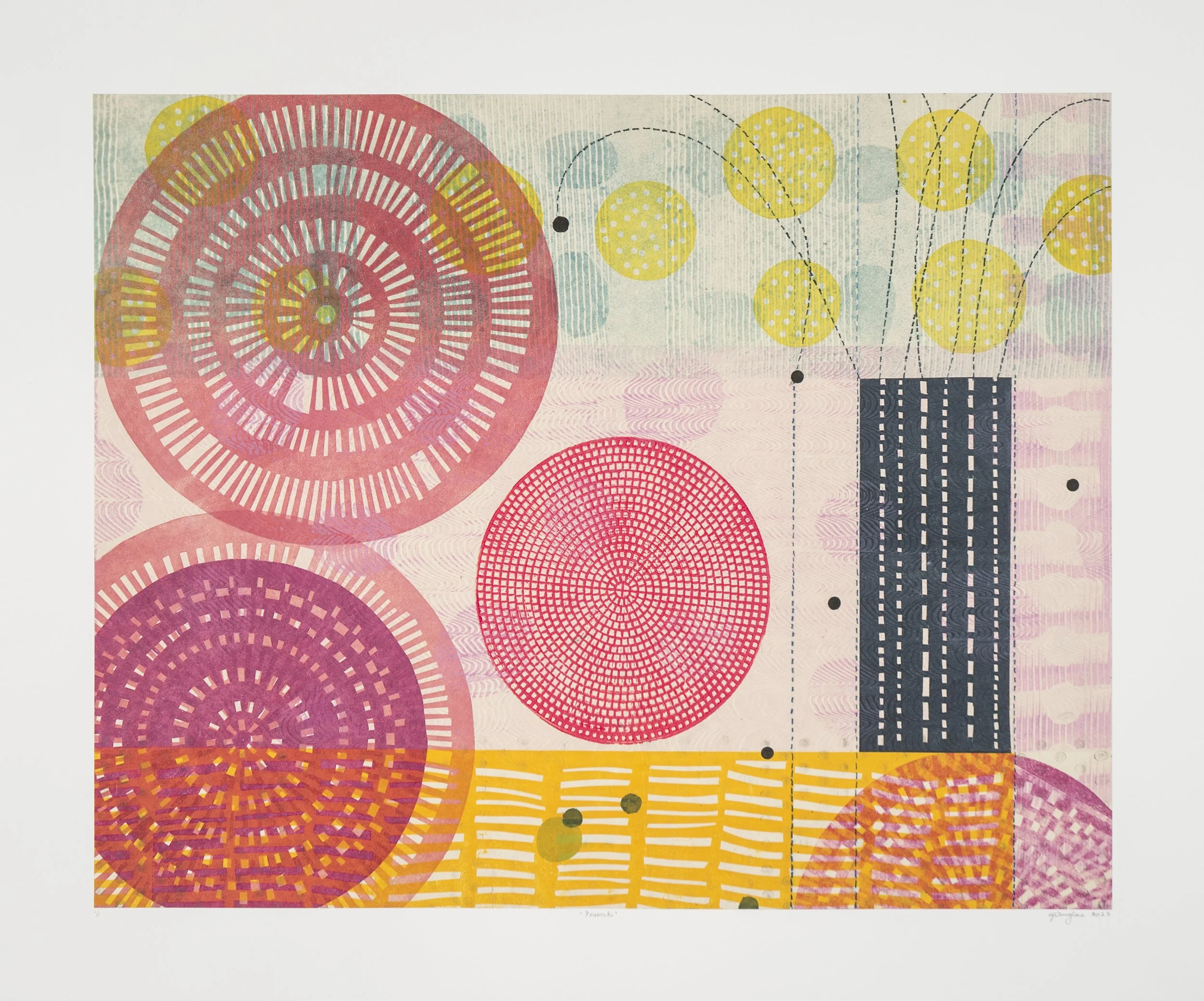 Sold. "Fireworks". 2023. Monoprint, trace monotype, collagraph, & stencils. 16" x 24".