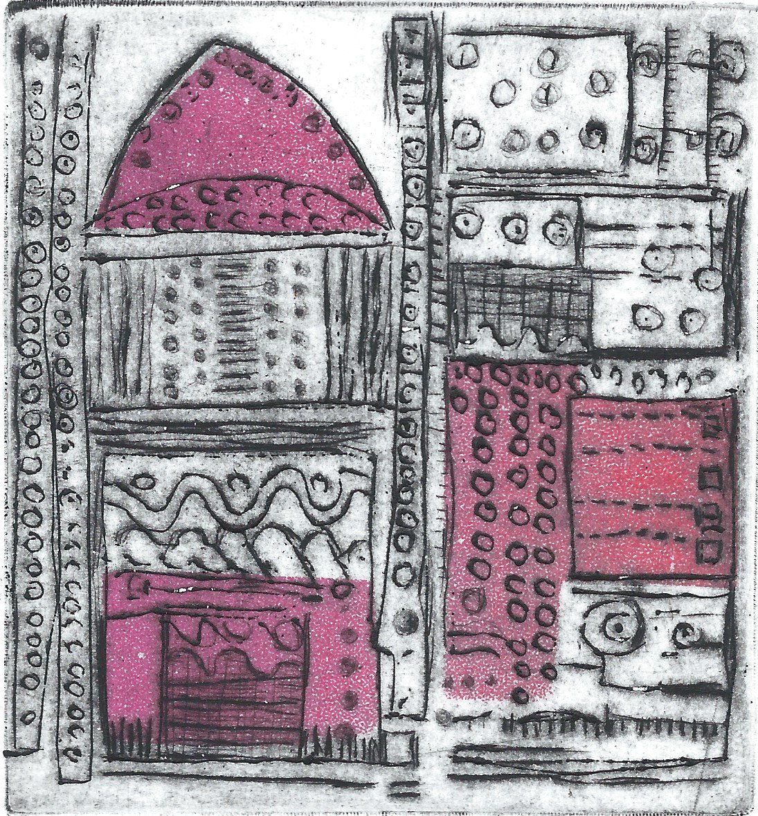 "Diagram architecture VI". 2024. Copperplate etching with relief roll. 3.4375" x 3.3125".