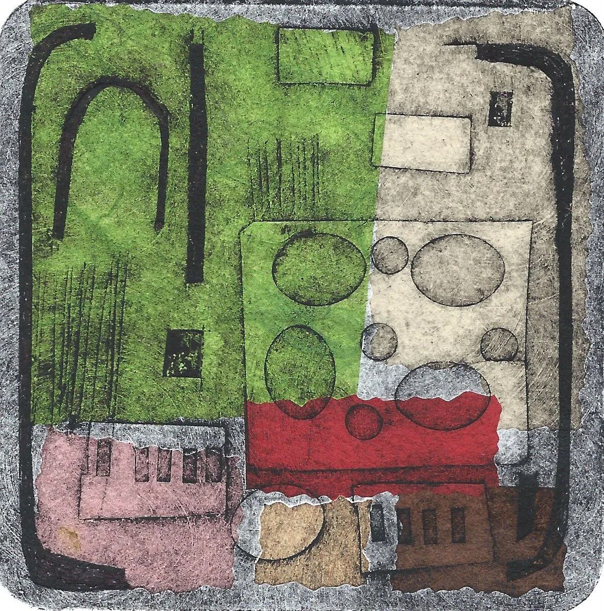 "Surburbs#7". Collagraph with Chine Colle'. Print size: 4" x 4". Paper size: 8" x 8". 2026. 