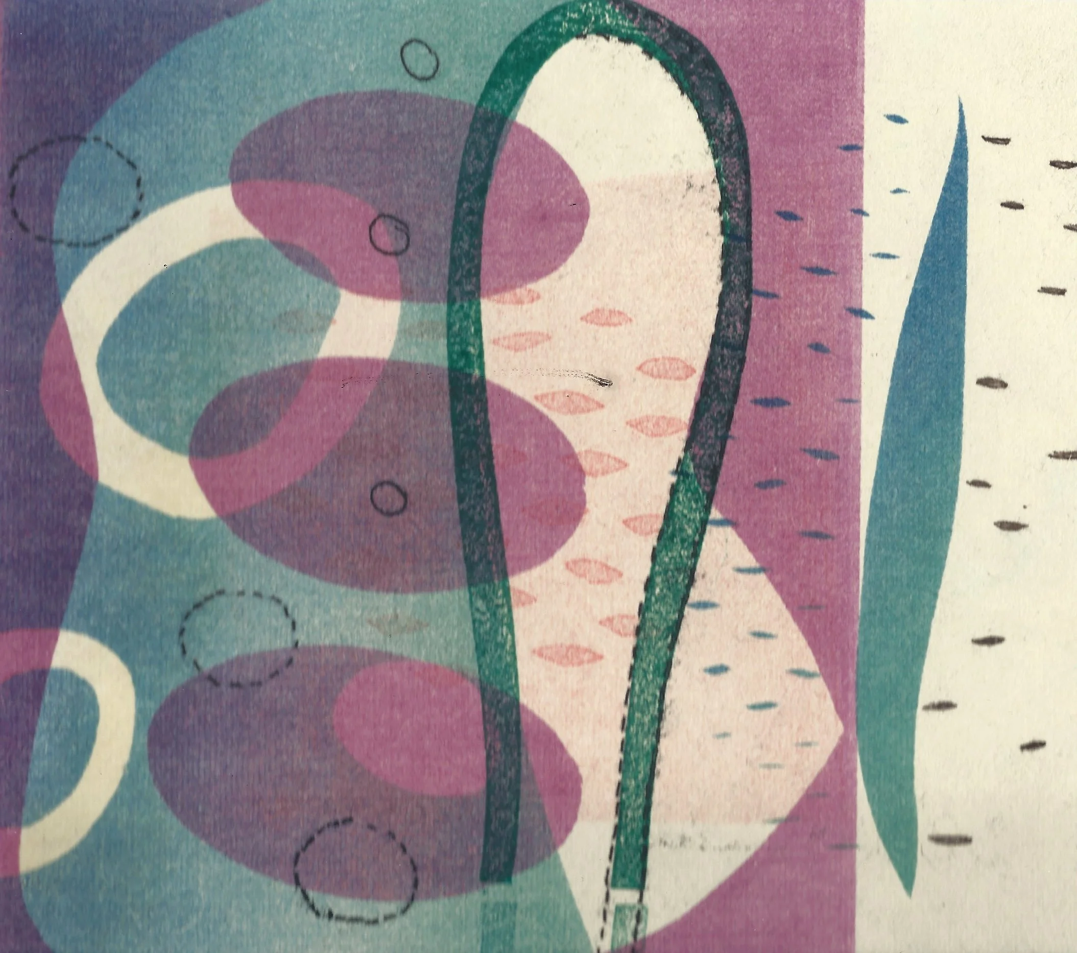 "Careful Proposal". Print size: 6.25"X7.125". Monoprint, trace monotype. 2026.