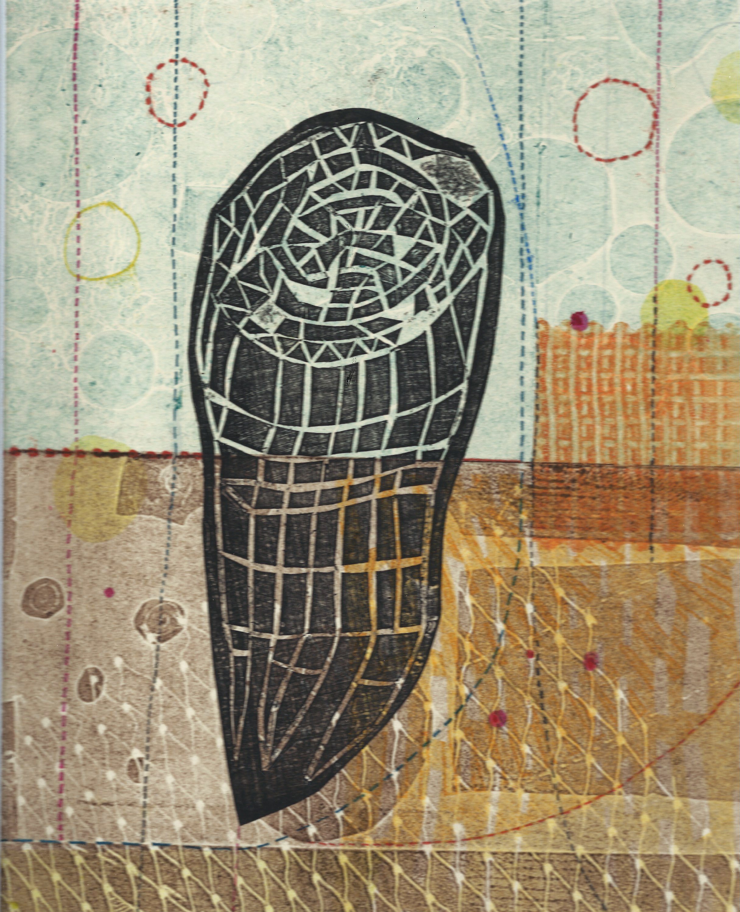"Private Tornado". Print size: 10.0625" X 8.125". Collagraph, monoprint, trace monotype, stencils, linocut. 2026. 