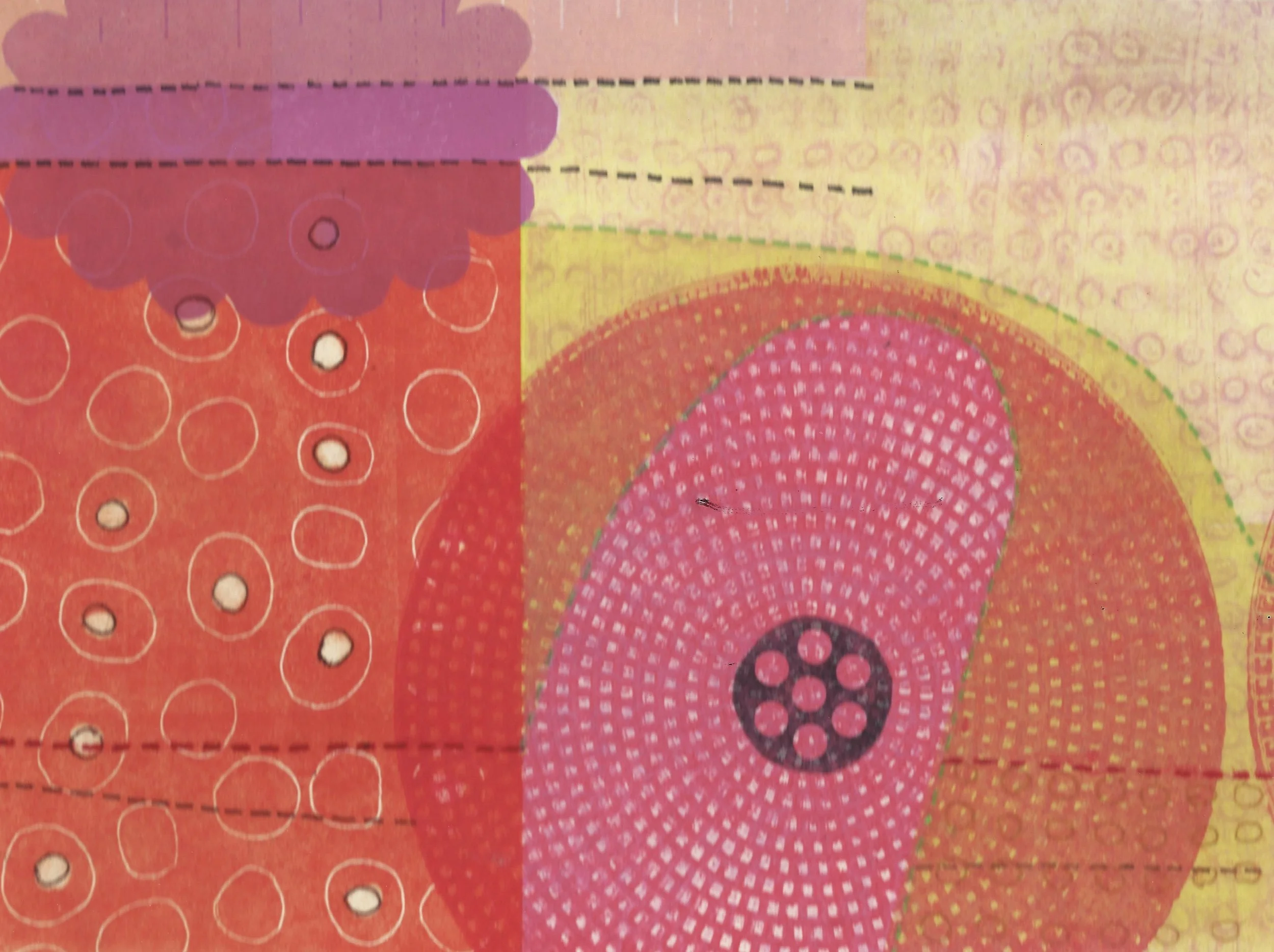 "Pretty in Pink". Print size: 6.875" X 9.375". Collagraph, monoprint, trace monotype, stencils. 2026. 
