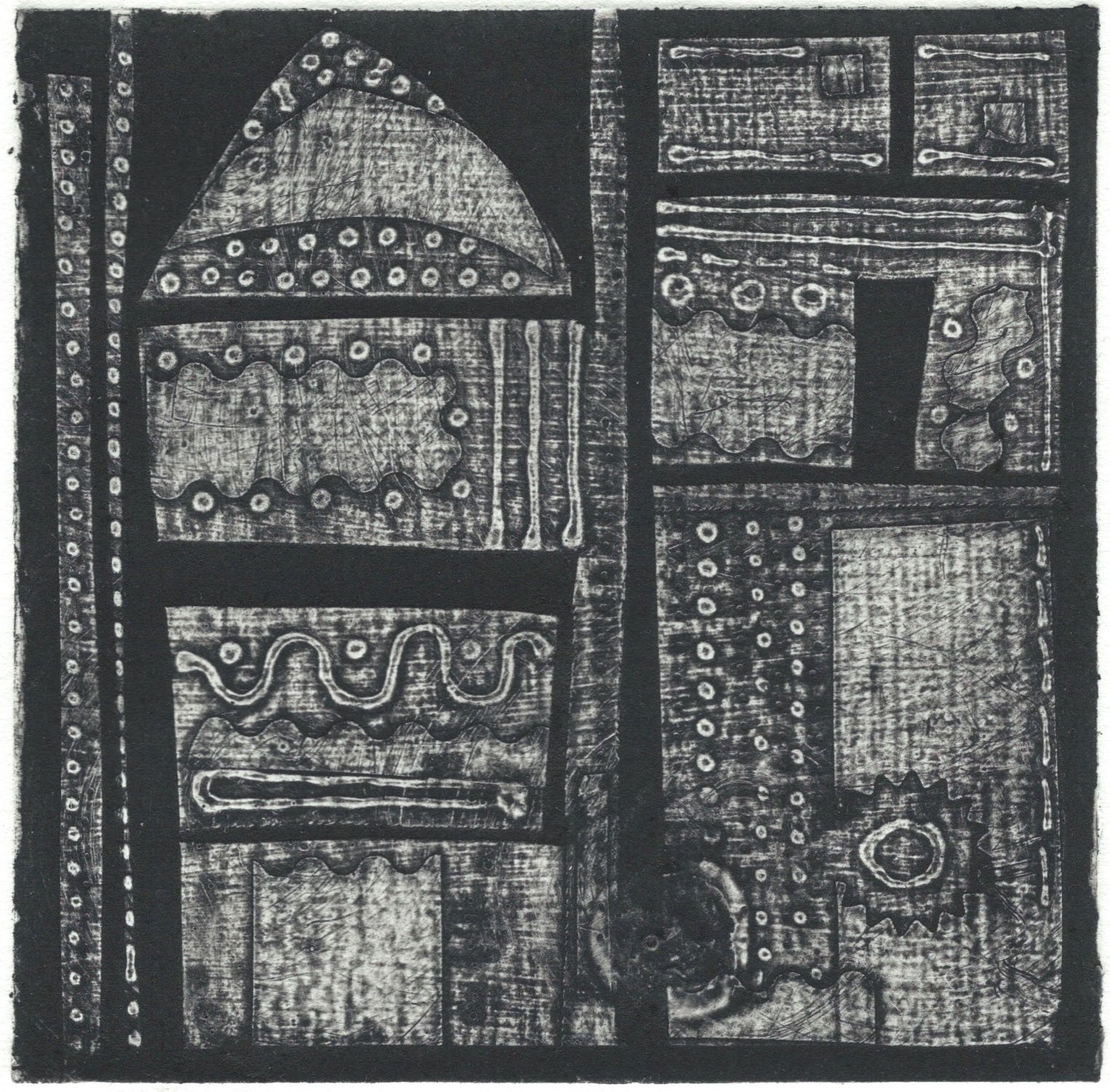 "Architectural Remains IV". 6" x 6" Collagraph. 2024. Price: $125.00.