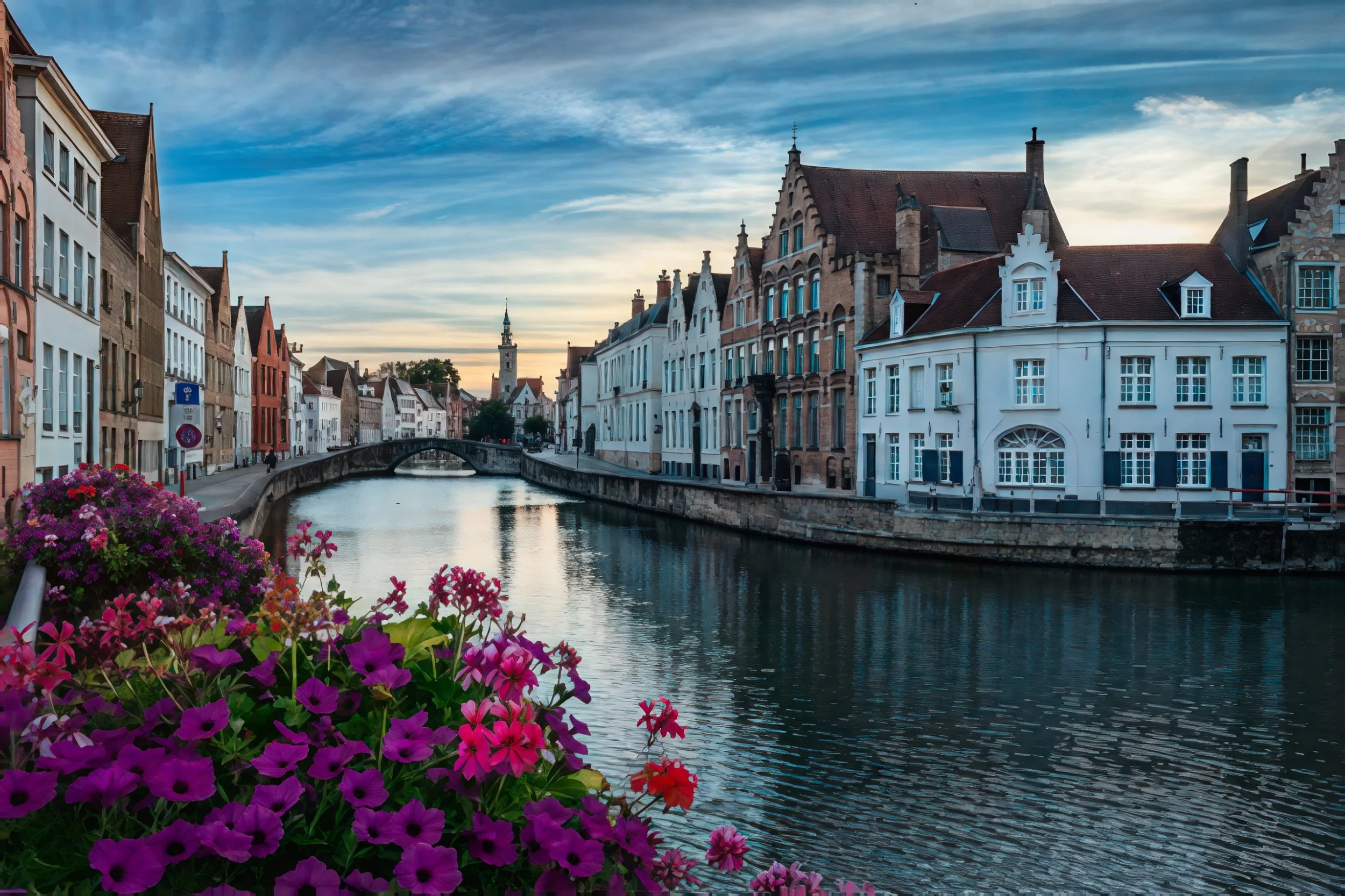 Colorful buildings along a canal with a stone bridge and purple, pink, and red flowers in the foreground, during sunset with a partly cloudy sky.
