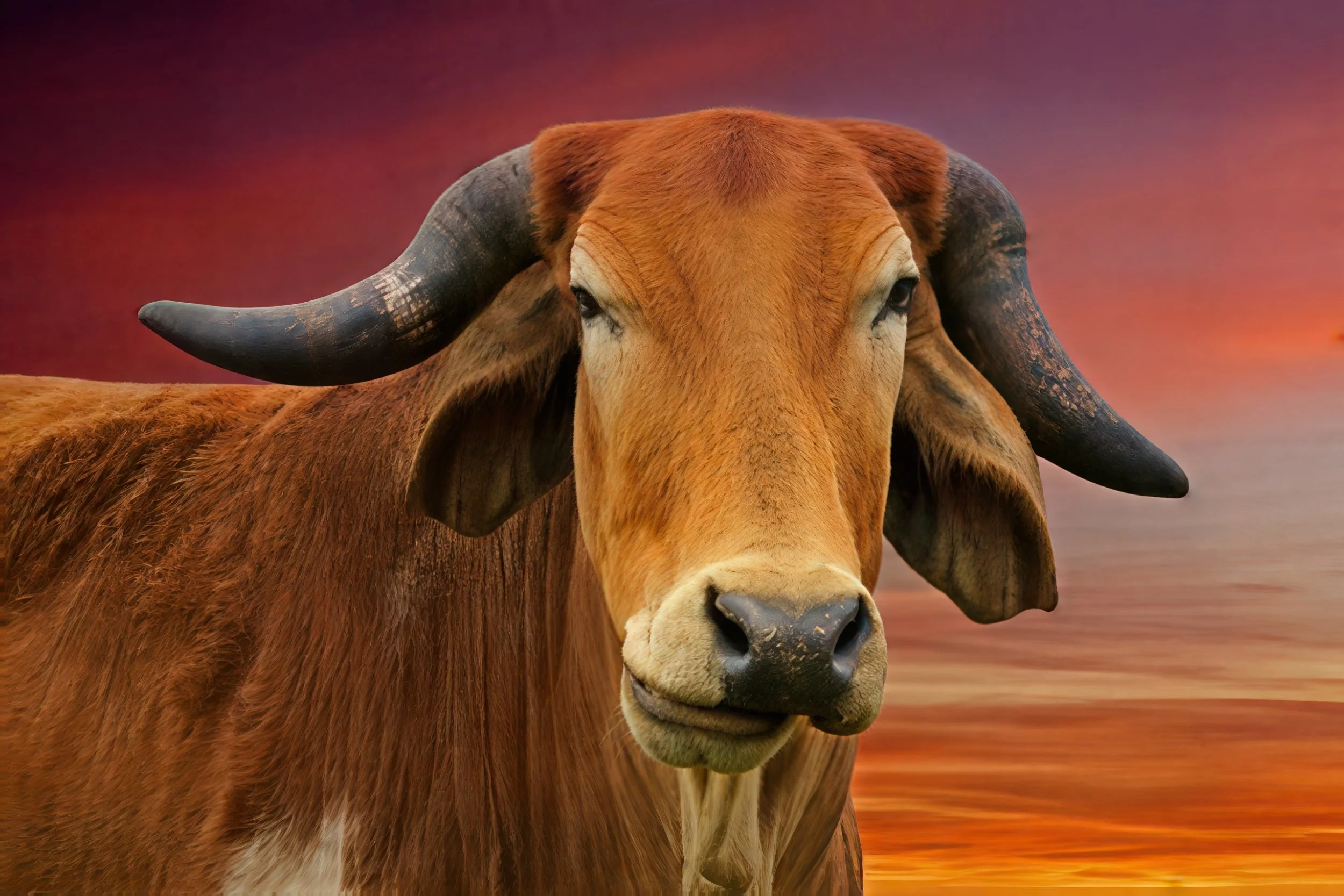 Close-up of a cow with large horns, standing against a sunset sky with orange and purple hues.