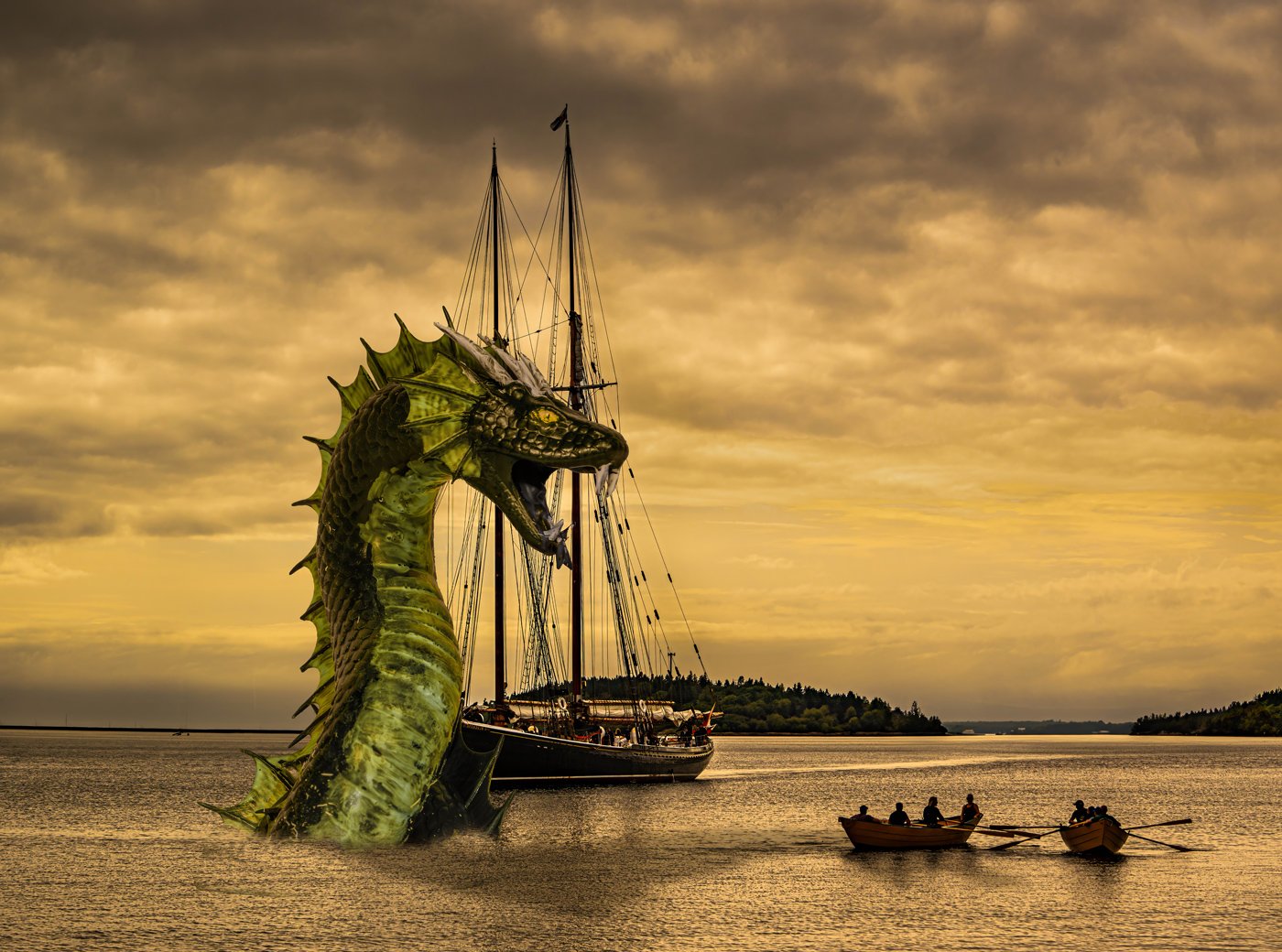 A large green sea serpent appears to emerge from the water, roaring, with a sailing ship and small rowboats nearby at sunset or sunrise.