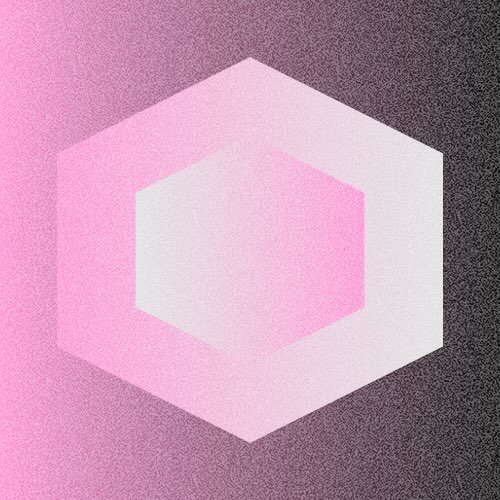 A pink and white hexagon shape on a pink and black gradient background.