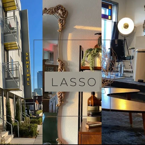 A split-screen collage of scenes including a city street with a building labeled 'Sentinel', an interior with decorative wall art and a mirror, and a workspace with a computer, lamp, and plants.