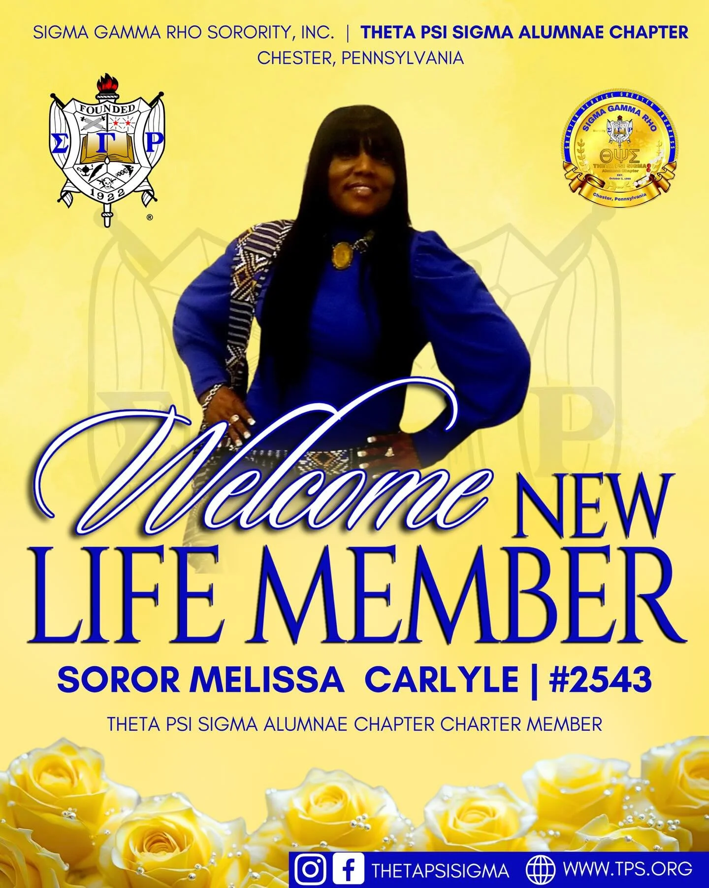 Please help us welcome our newest Life Member, one of our very own Charter Members, Soror Melissa Carlyle #2543! 💙💛 

We are so proud to celebrate this milestone  and honor her continued commitment to Sigma Gamma Rho and the tenacious Theta Psi Sig