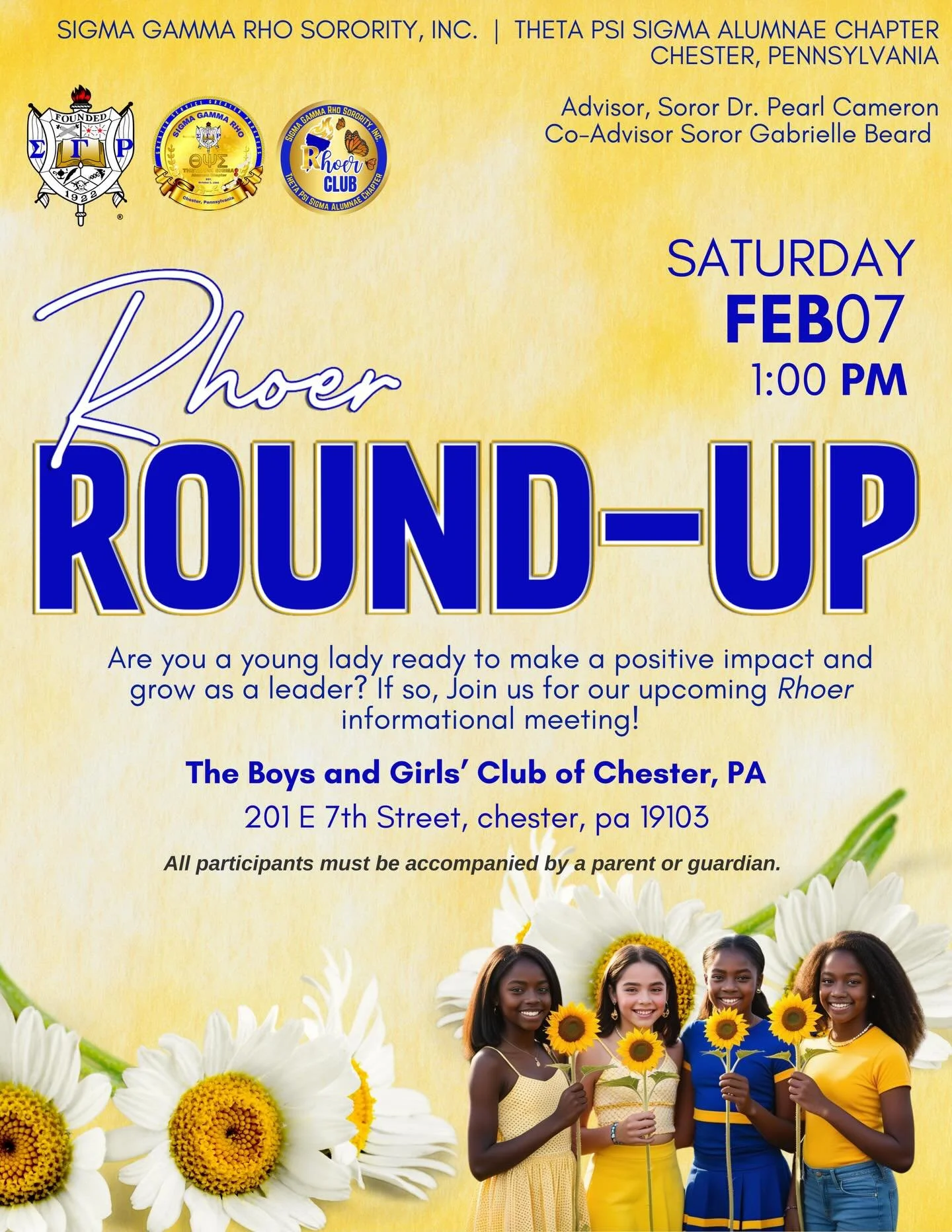 🌼 Calling Future Leaders! 🌼

Are you a young lady ready to grow, lead, and make a positive impact? Join us for our Rhoer Round-Up informational meeting!

📅 Saturday, February 7
⏰ 1:00 PM
📍 The Boys &amp; Girls&rsquo; Club of Chester
201 E. 7th St