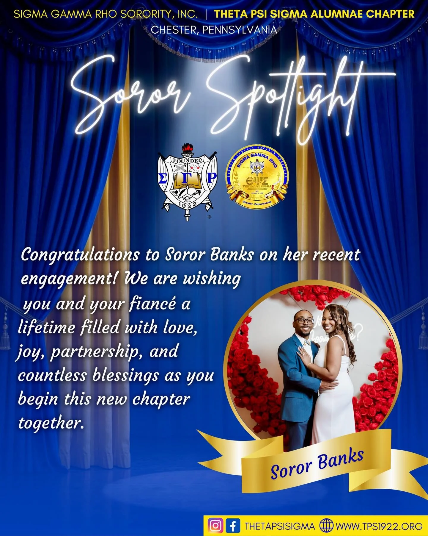 Love is in the air! 💍💙💛

Sending warm congratulations to Soror Banks on her engagement. Wishing you and your fianc&eacute; a lifetime of happiness, partnership, and beautiful moments as you prepare for this next chapter together!