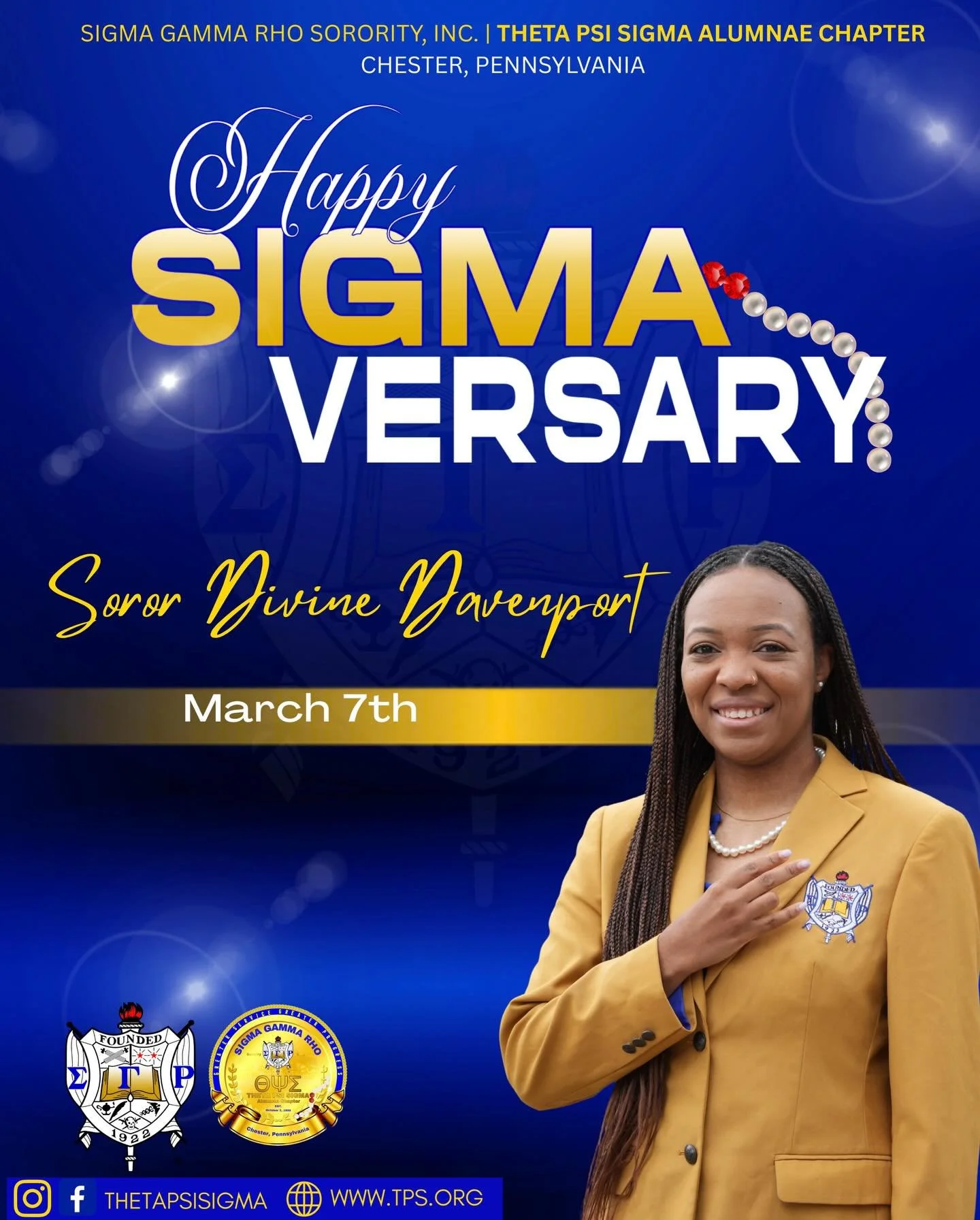 Happy Sigmaversary to Soror Davenport! 💙💛

Wishing you continued sisterhood, service, and success as you celebrate another year of dedication to our beloved sisterhood. 

Here&rsquo;s to many more years of impact and excellence!