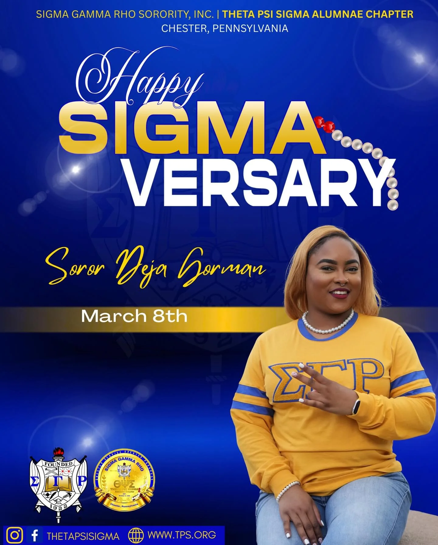 Happy Sigmaversary Soror Gorman! Thank you for your continued commitment to Sigma, sisterhood, and service! 💛💙