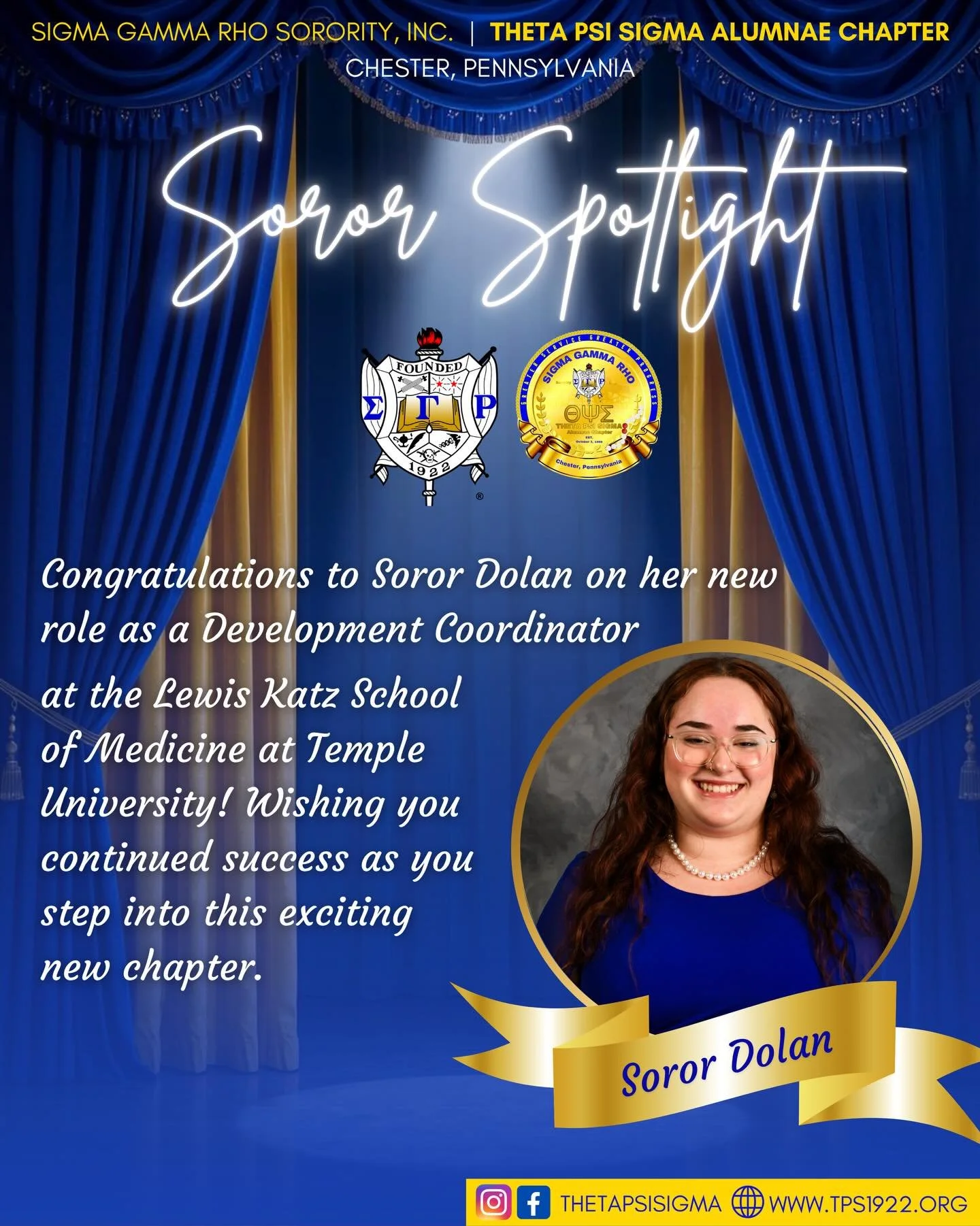 ✨ TPS SOROR SPOTLIGHT ✨

Congratulations to Soror Dolan on her new role at the Lewis Katz School of Medicine! We are incredibly proud and wish her much success on this new endeavor! 💛💙