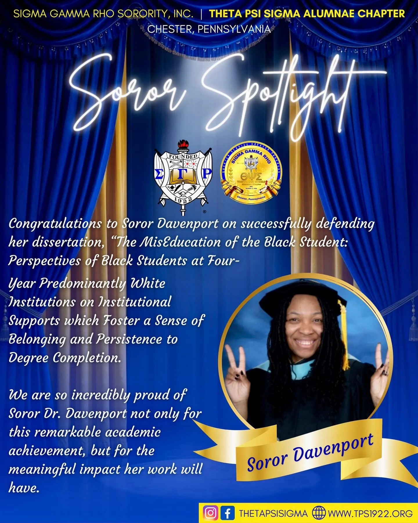 ✨ TPS SOROR SPOTLIGHT ✨ 

Join us in celebrating Soror Dr. Davenport on successfully defending her dissertation! Her powerful work centers the experiences of Black students and the importance of institutional support in fostering belonging and persis