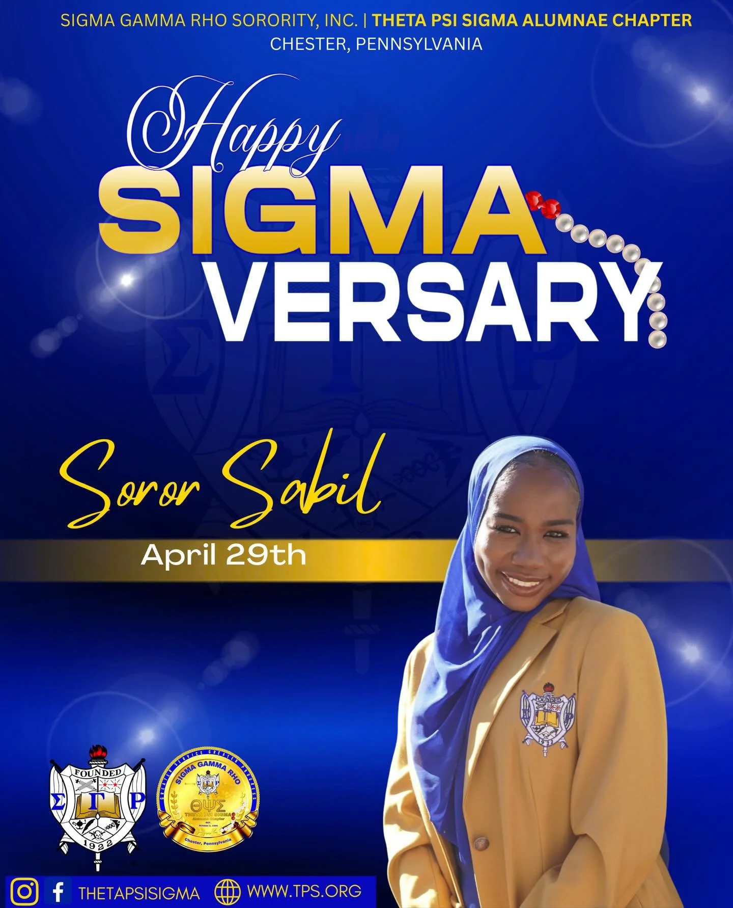 Please join us in wishing Soror Sabil a happy Sigmaversary! We are wishing her many more years of sisterhood and success! 💙💛