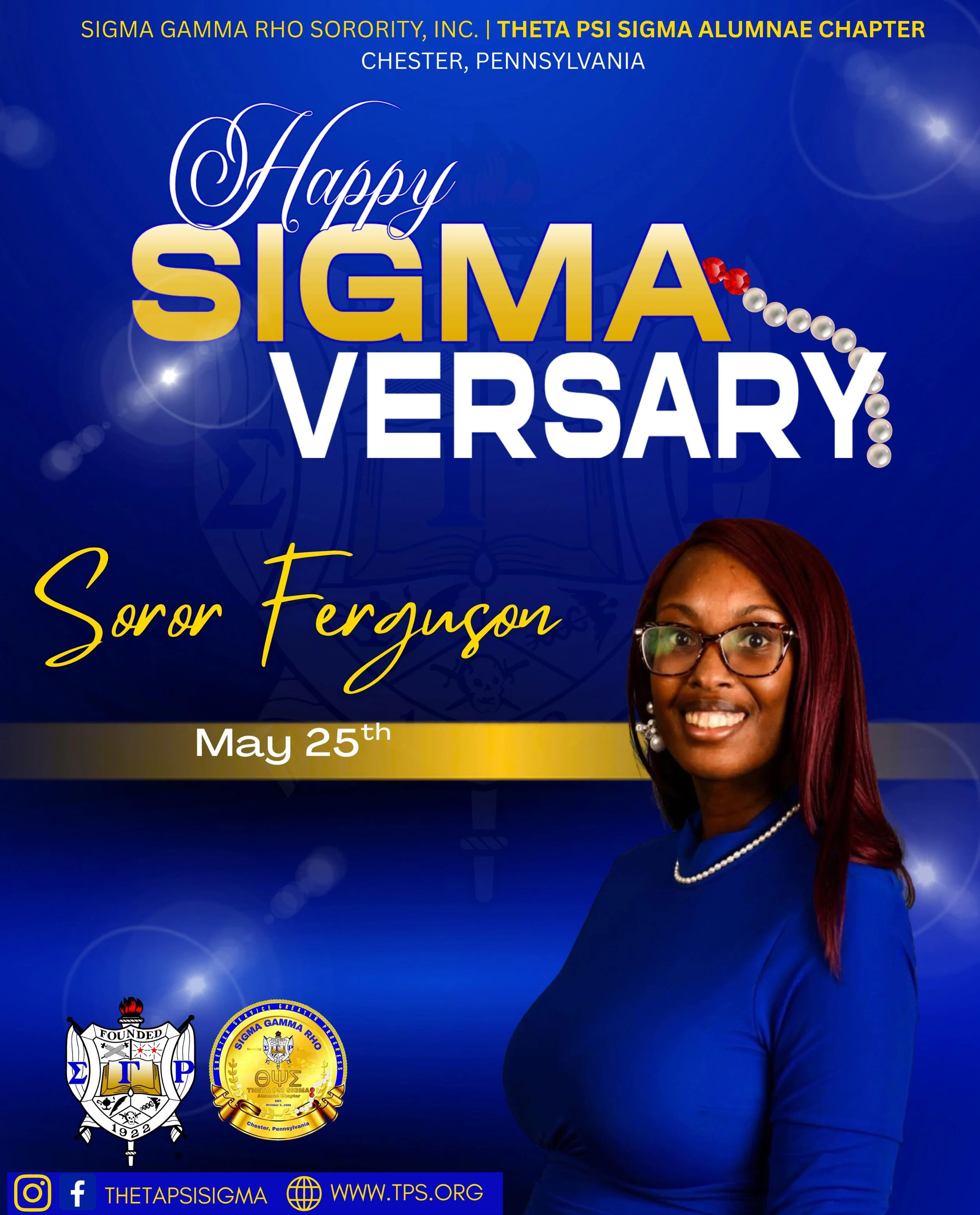 Please join us in wishing Soror Ferguson a happy Sigmaversary! 💙💛

We are thankful for her continued dedication and service and are wishing her many more amazing years!