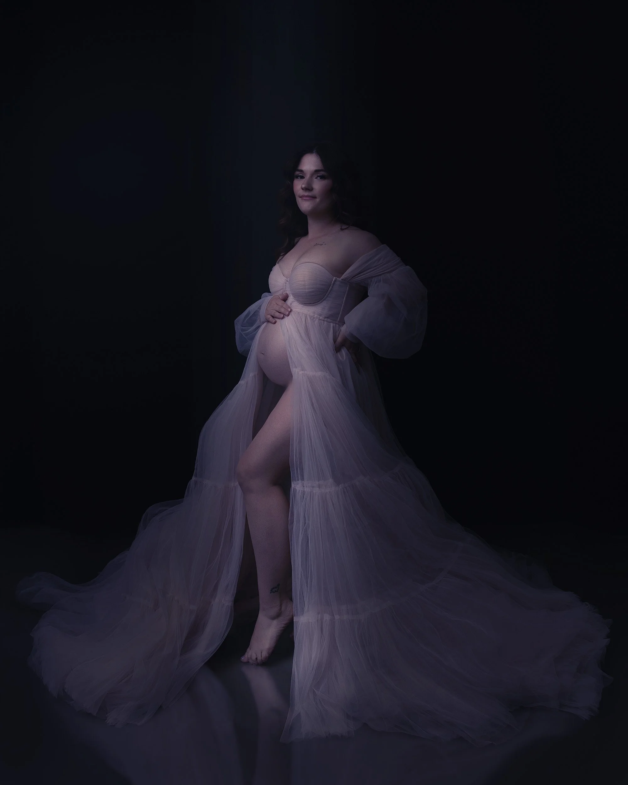 Luxury maternity portrait by Amanda Chantee near Portland, Oregon, featuring a pregnant woman in a sheer flowing gown against a dark studio background.