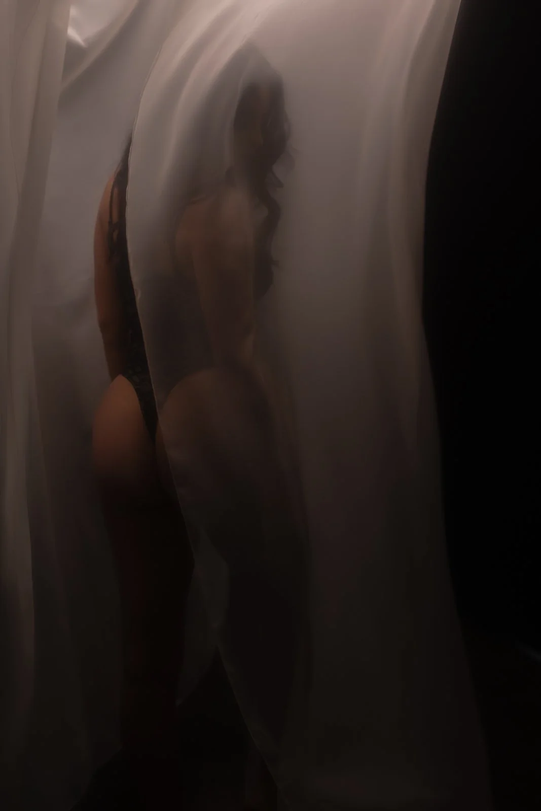 Fine art boudoir portrait by Amanda Chantee in Vancouver, WA, featuring a woman photographed through sheer fabric with soft dramatic lighting.