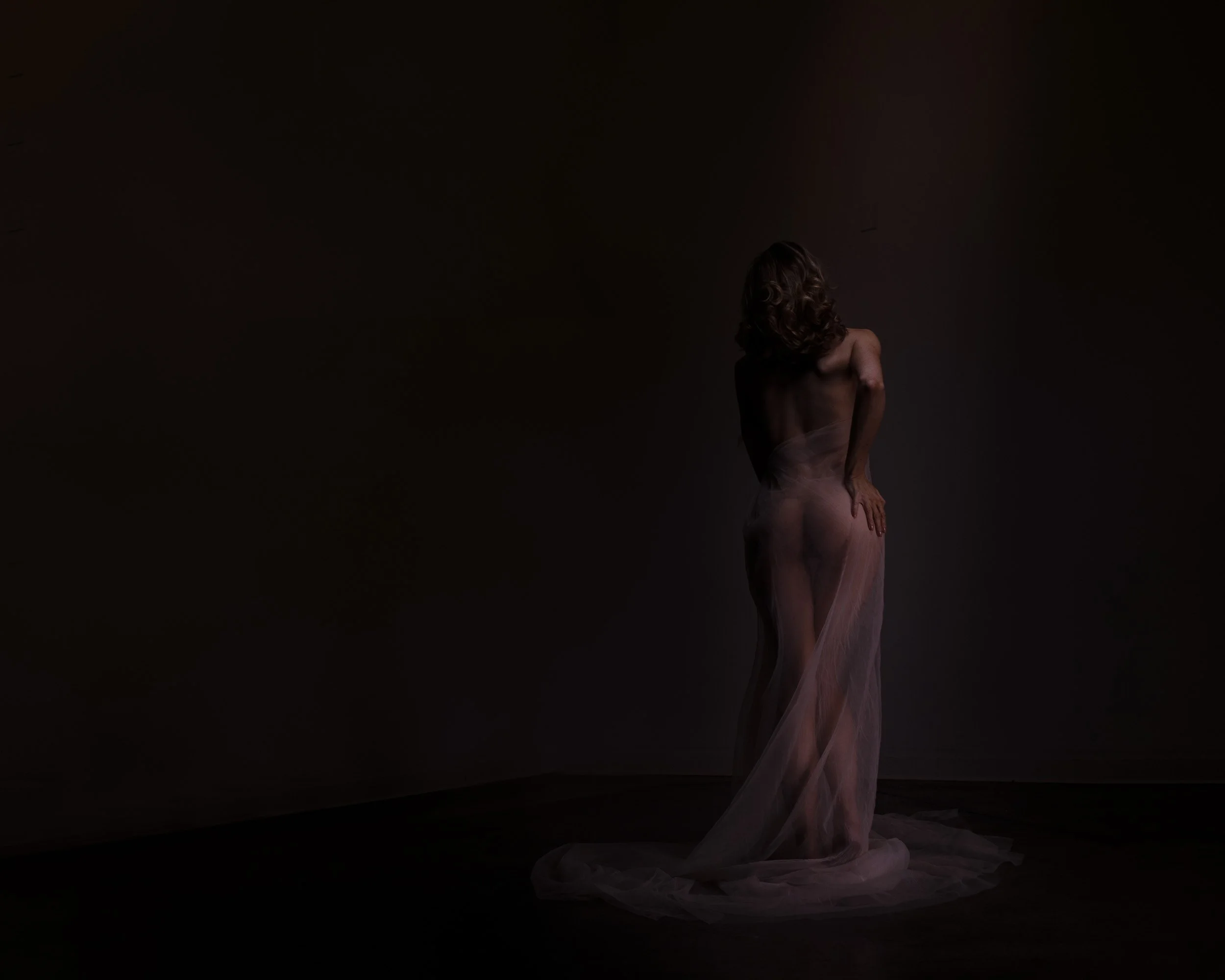 Fine art nude portrait of a woman standing in flowing sheer fabric under dramatic low-key studio light near Portland, Oregon.
