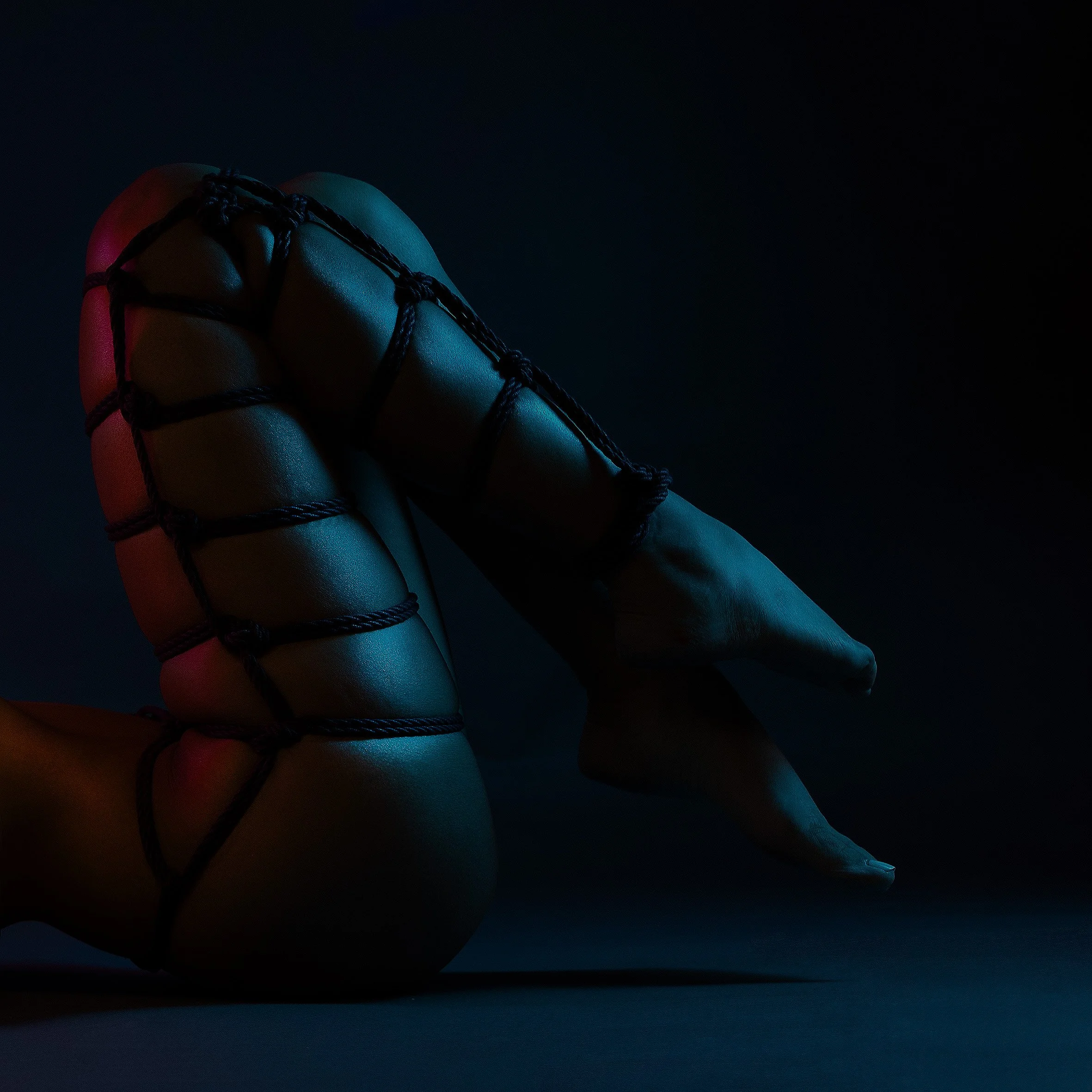 Fine art boudoir portrait of a woman curled into a sculptural pose in black strappy lingerie under moody blue lighting.