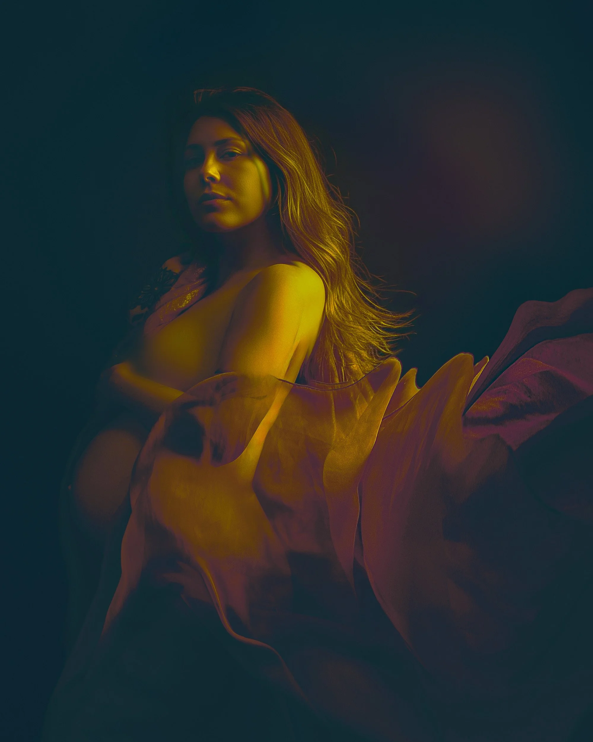 Vancouver, Washington maternity portrait of a woman wearing a flowing chiffon wrap highlighted in dramatic copper and burgundy studio light by Amanda Chantee 
