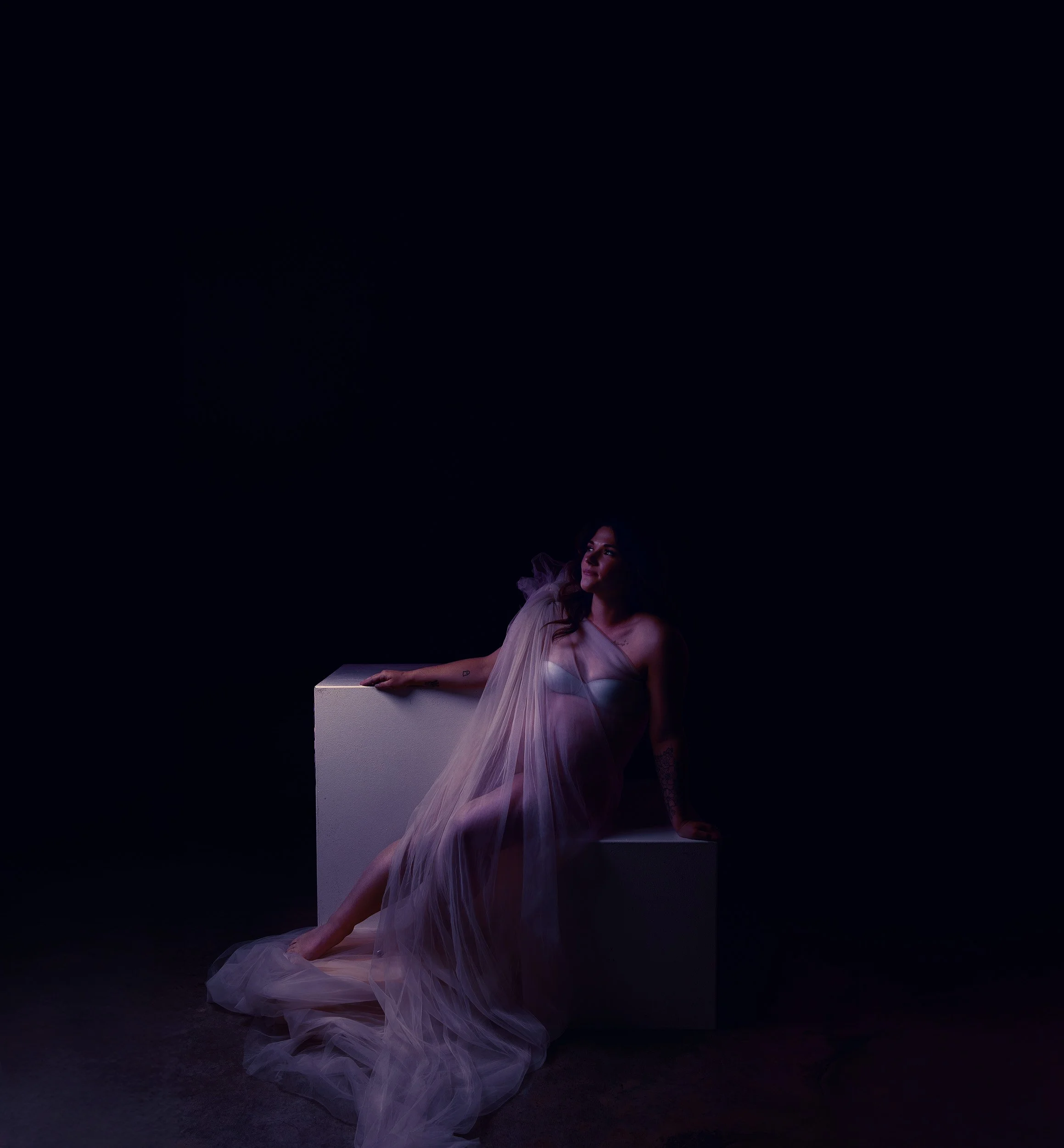 uxury maternity portrait by Amanda Chantee featuring a pregnant woman reclining in a sheer lavender gown under dramatic low-key studio light.