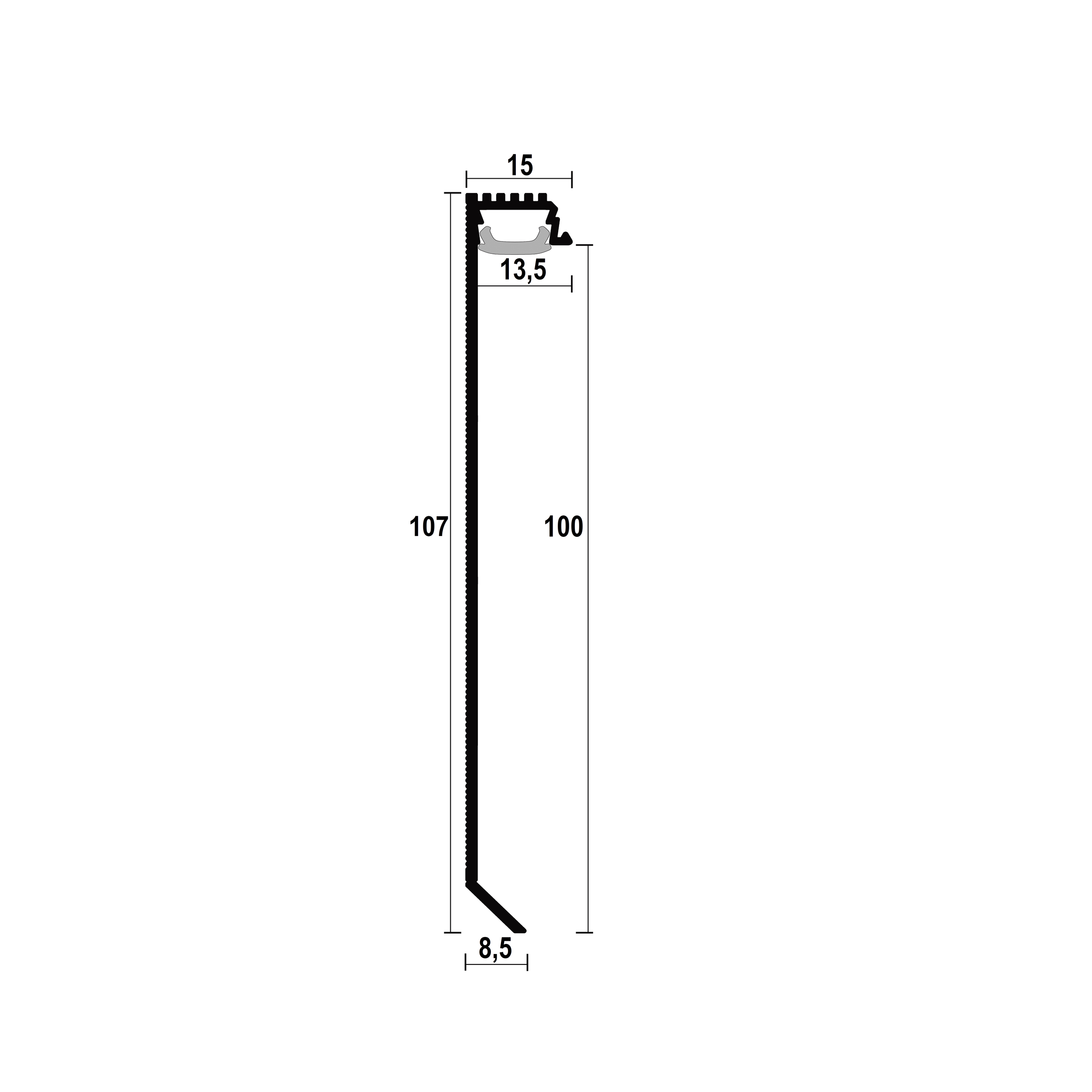 Technical details for the shadow gap skirting for led model P-100, 100mm height.