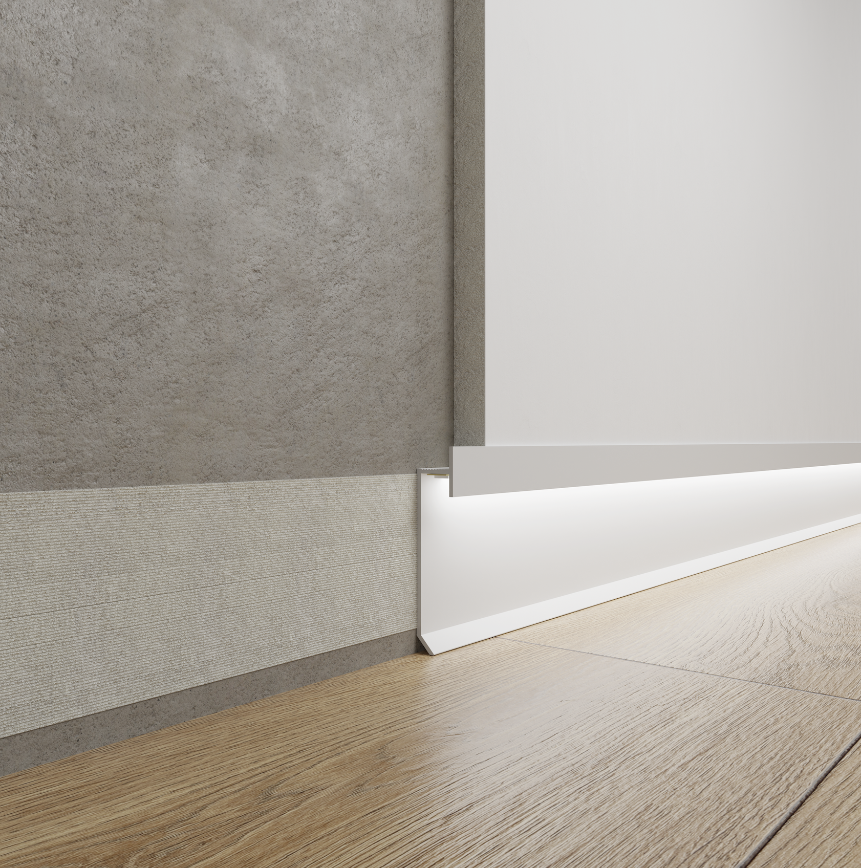 Led skirting board model P-905 in 63,5 mm height, shadow gap profile.
