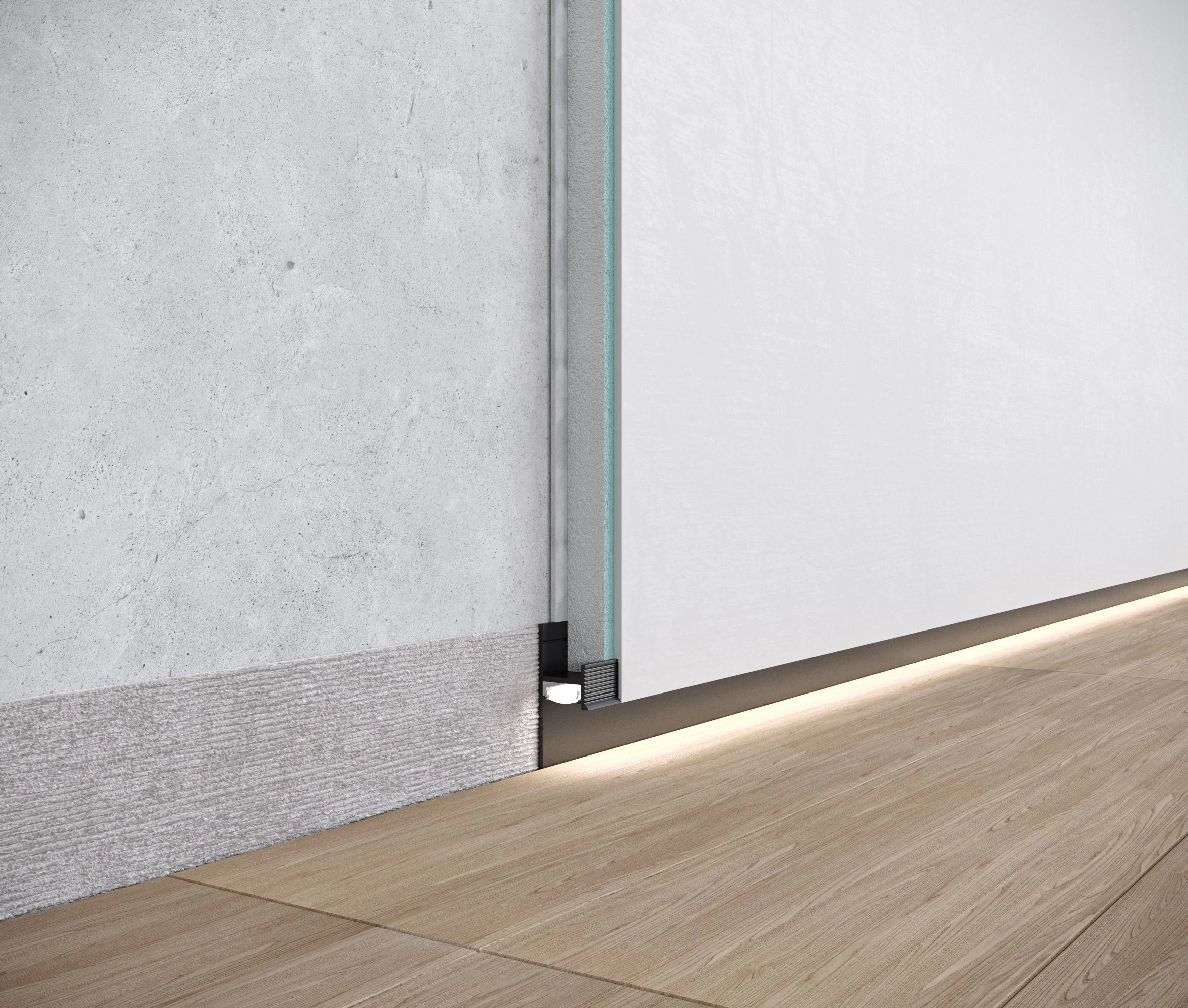 Black 20 mm height shadow gap skirting with led lightning, shadow gap model P-120.