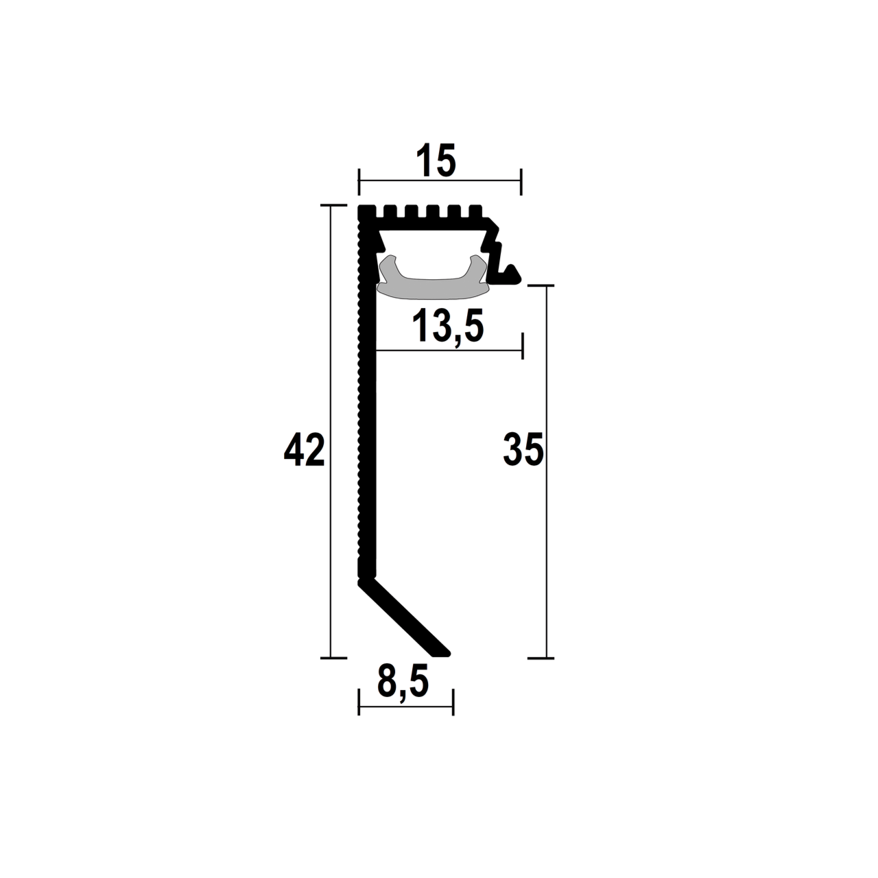 Shadow gap led skirting model P-35 35mm technical drawing.