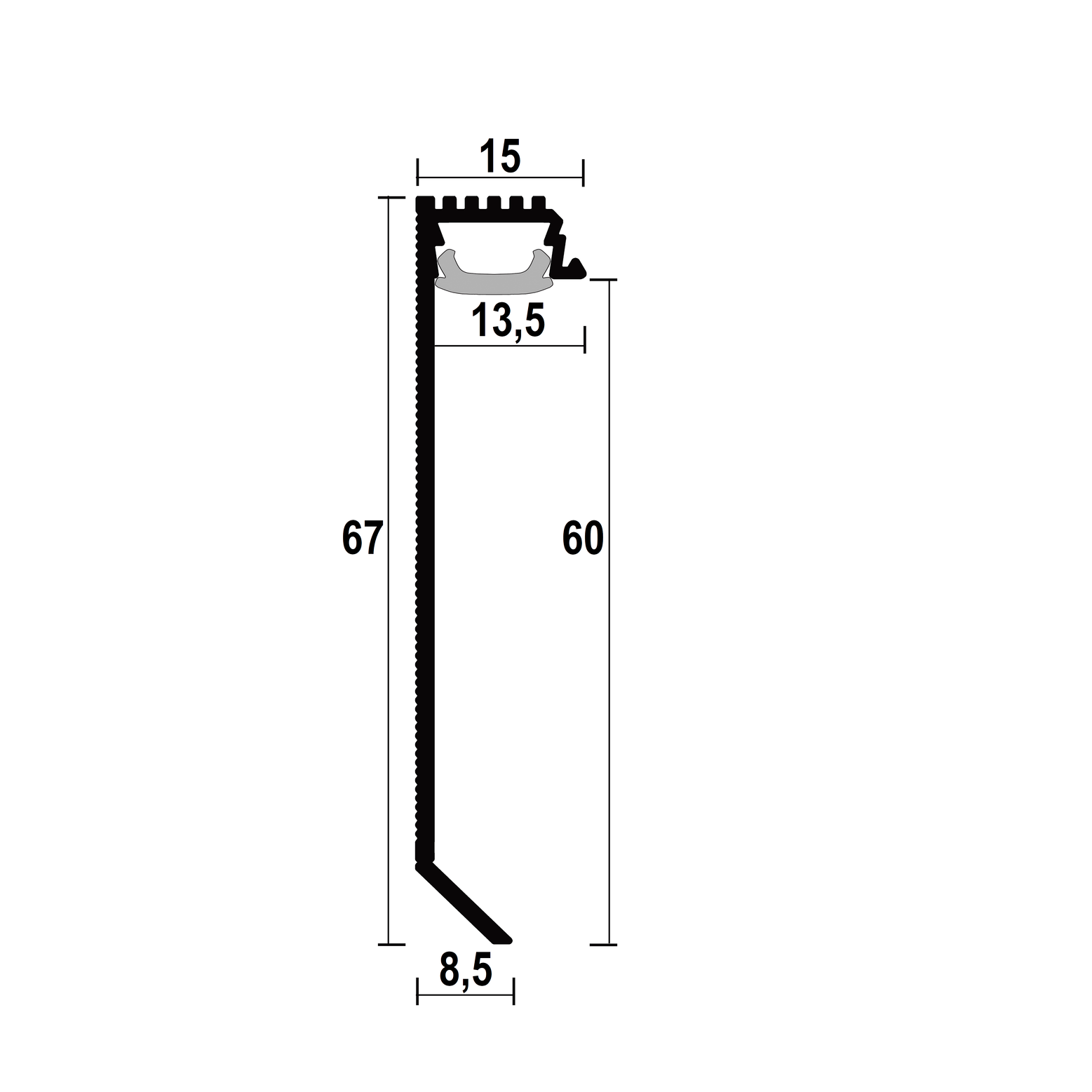 Technical drawing for the led shadow gap skirting model P-60 - 60mm height.