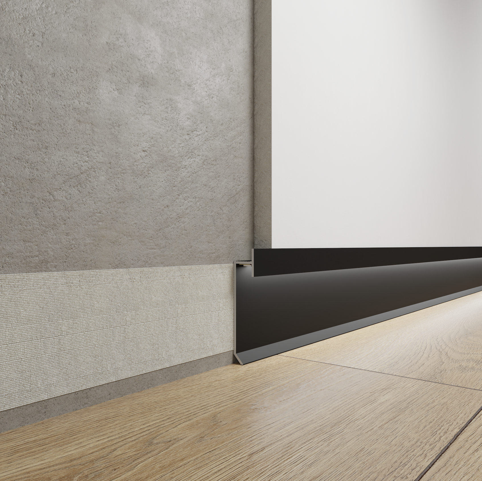 Black matt led skirting board, shadow gap profile model P-904 in 49,5mm height.