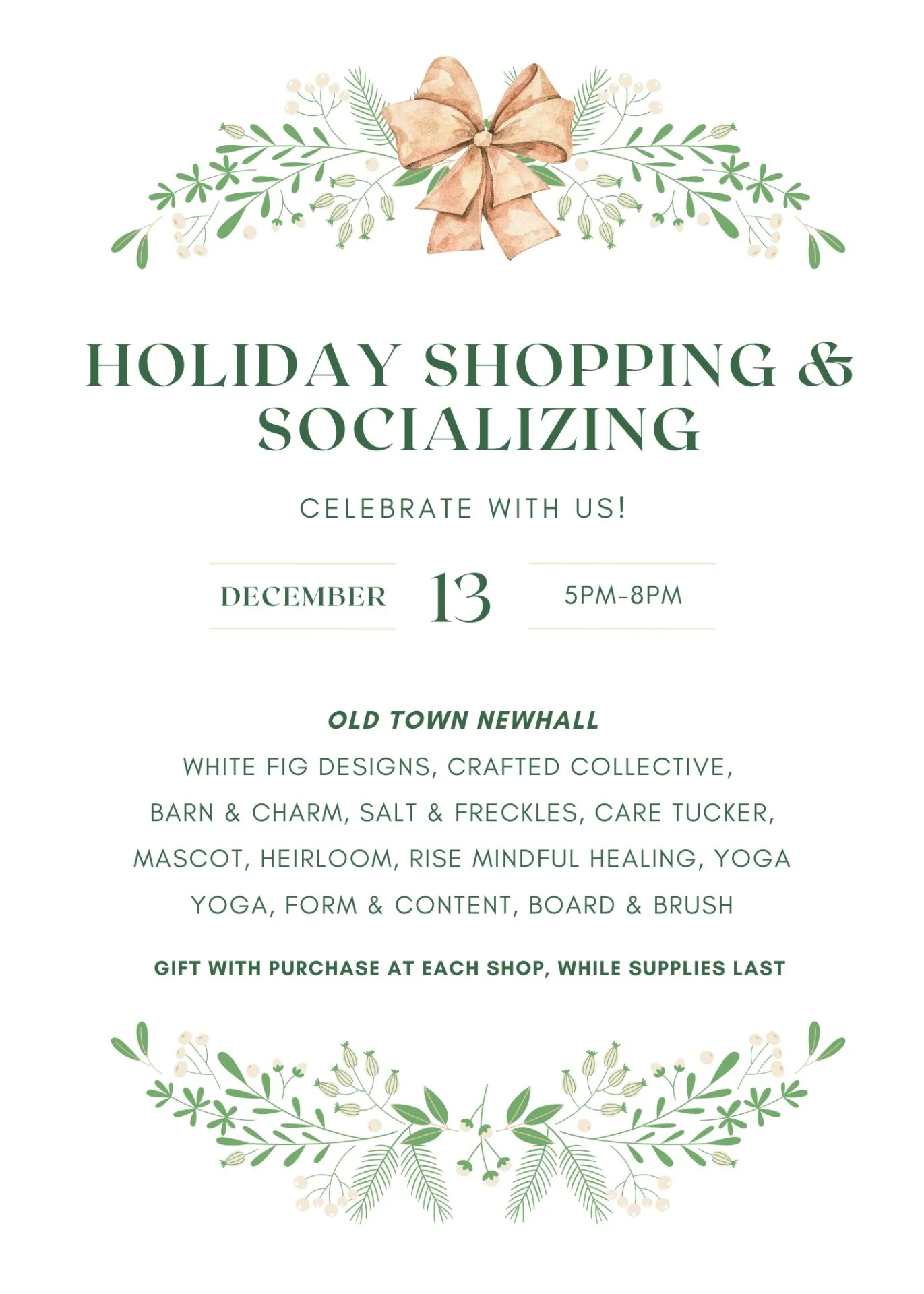 Join us in Old Town Newhall for an evening of holiday shopping, connection, and festive cheer!

The Holiday Shopping &amp; Socializing event is the perfect way to support local small businesses this season while enjoying a cozy night out with friends