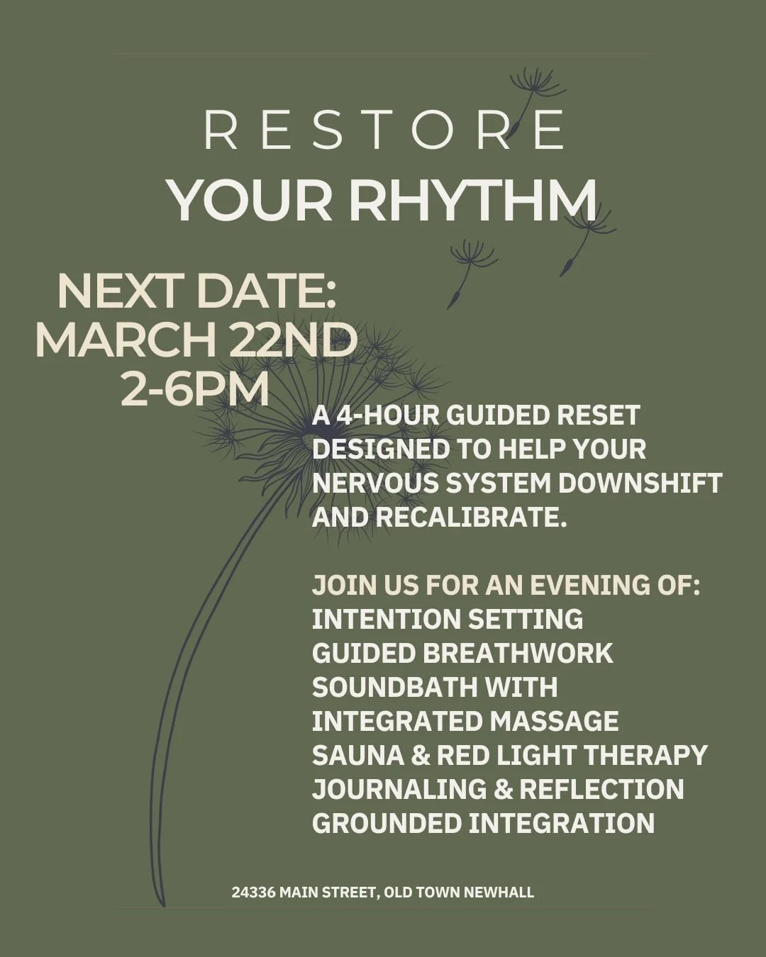 Restore Your Rhythm is back.

This is a 4-hour, small-group reset designed to help your nervous system downshift in a way that actually lasts.

Breathwork.
Sound therapy.
Targeted massage.
Heat therapy.
Guided stretching.
Red light therapy.

Layered 