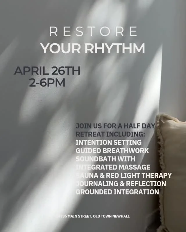 It&rsquo;s happening again

Restore Your Rhythm is our signature 4-hour reset - designed for when your body has been holding onto too much, and your mind won&rsquo;t slow down.

This is your opportunity to release what you&rsquo;ve been carrying
and 