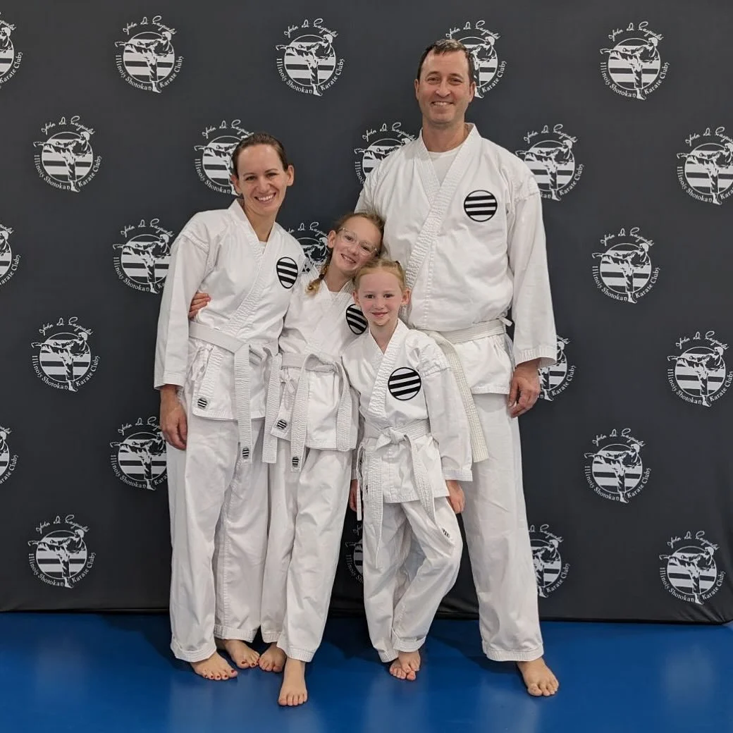 All four members of the Lorenzen family taking their first White Belt test together today! SO AWESOME!!! Good luck to all students taking their best tests the rest of the day! #karatefamily #iskc #shotokankarate #illinoisshotokankarateclub