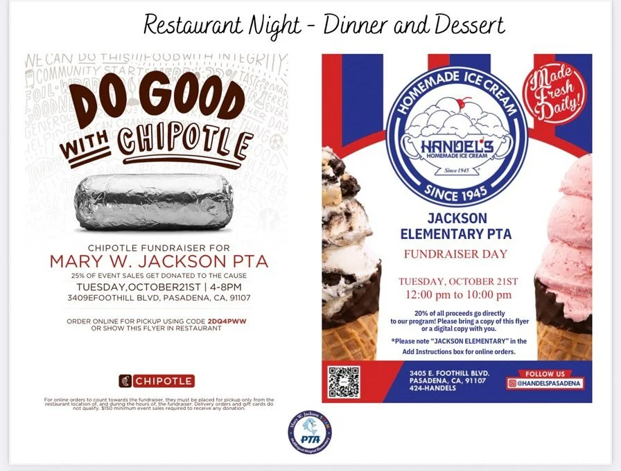 SAVE THE DATE!! Tuesday, October 21: Take a night off from cooking and join us for a tasty fundraiser! 
🍦 Handel’s Ice Cream | 12 PM – 10 PM | (show flyer or use “JACKSON ELEMENTARY” in notes at online checkout)
🌯 Chipotle
