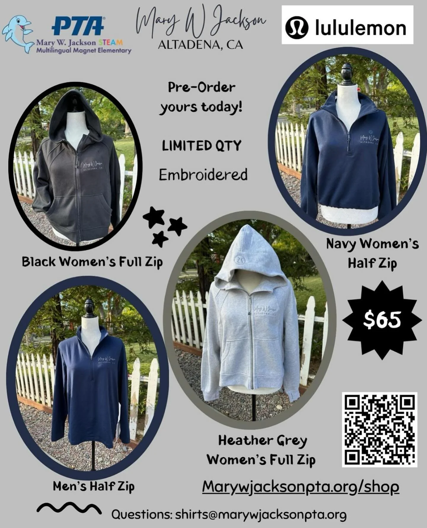 Big news! Thanks to a generous gift from Lululemon, we’re excited to offer a special limited-edition line of Mary W. Jackson x Lululemon sweaters at a reduced price, just in time for cooler weather!
All proceeds benefit the Mary W. Jackson PTA