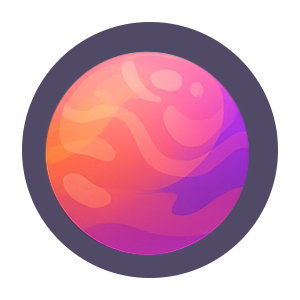 Eine farbige, stilisierte Darstellung eines Planeten mit orange, pink und violetten Mustern auf dunklem Hintergrund.