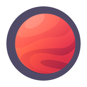Illustration eines roten, planetähnlichen Körpers mit Schattierungen und Oberflächenstrukturen auf dunklem Hintergrund.