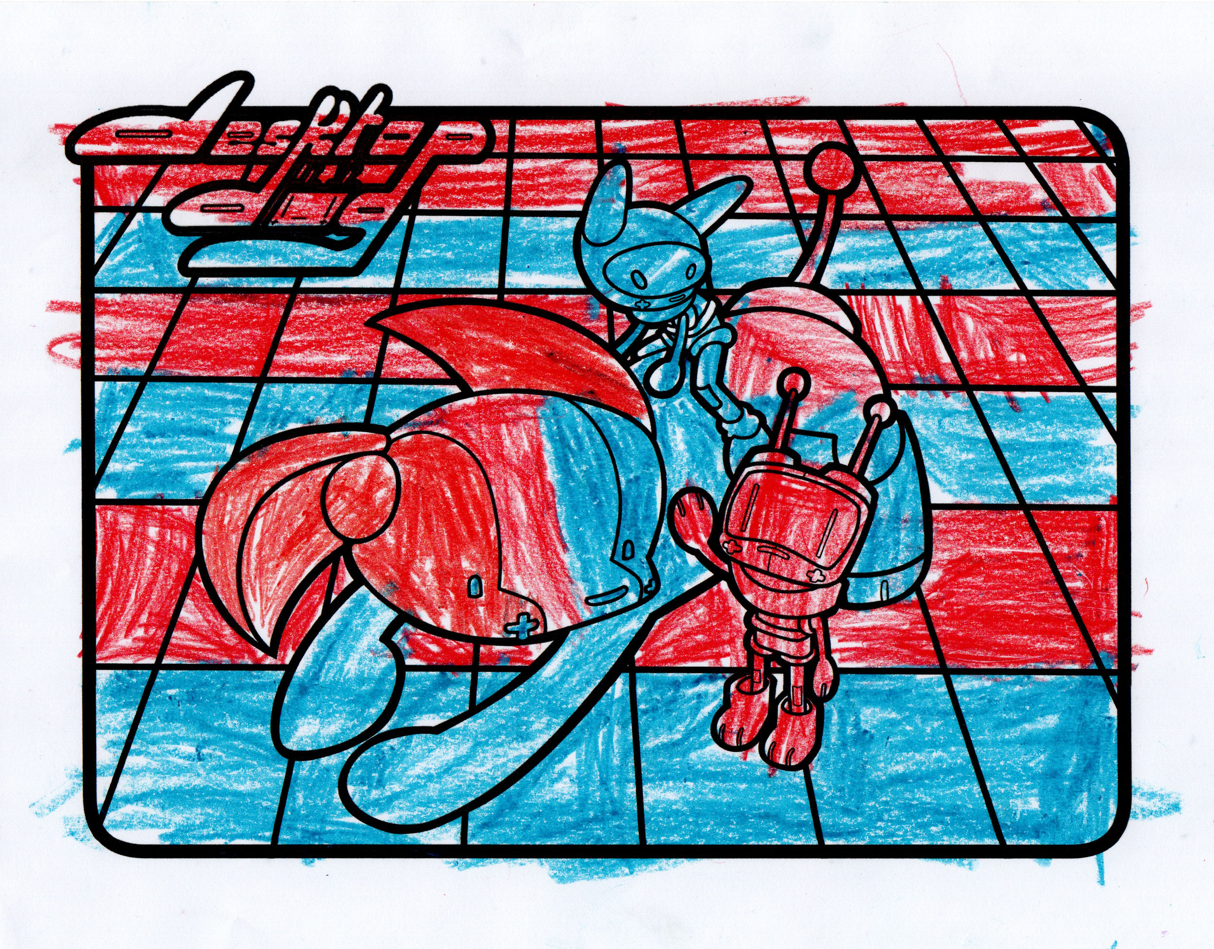 [cc] the child that coloured this page in was on a kick at the time, everything they coloured was red and blue only. im honoured to be a part of that oeuvre. 