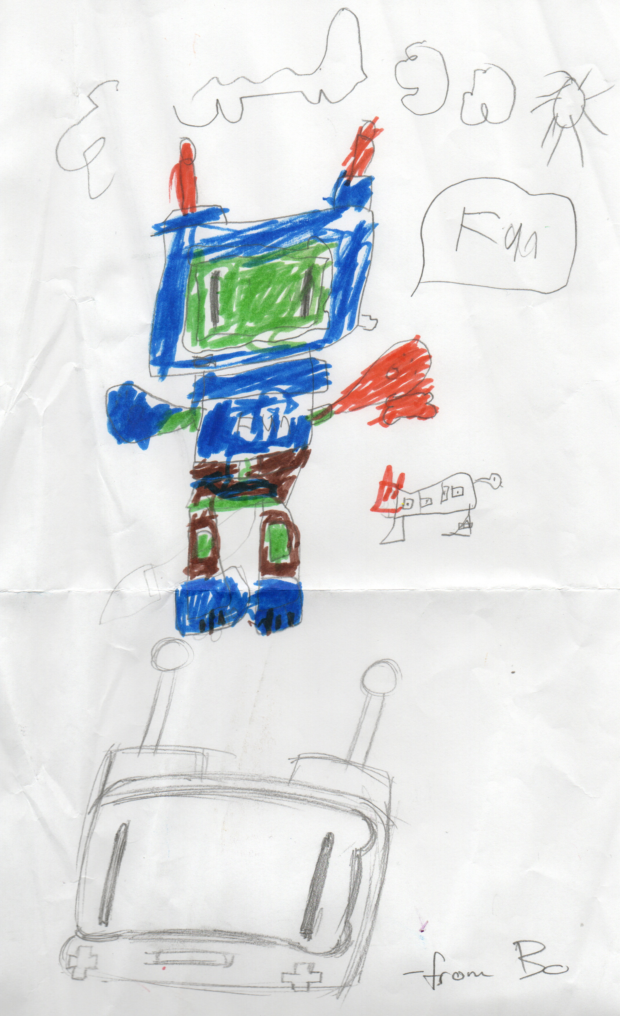 [cck] a collaboration of sorts. i was asked to draw a desktop dog head at the bottom of the page, and K drew their part up top. peep the little robo pet next to him! 