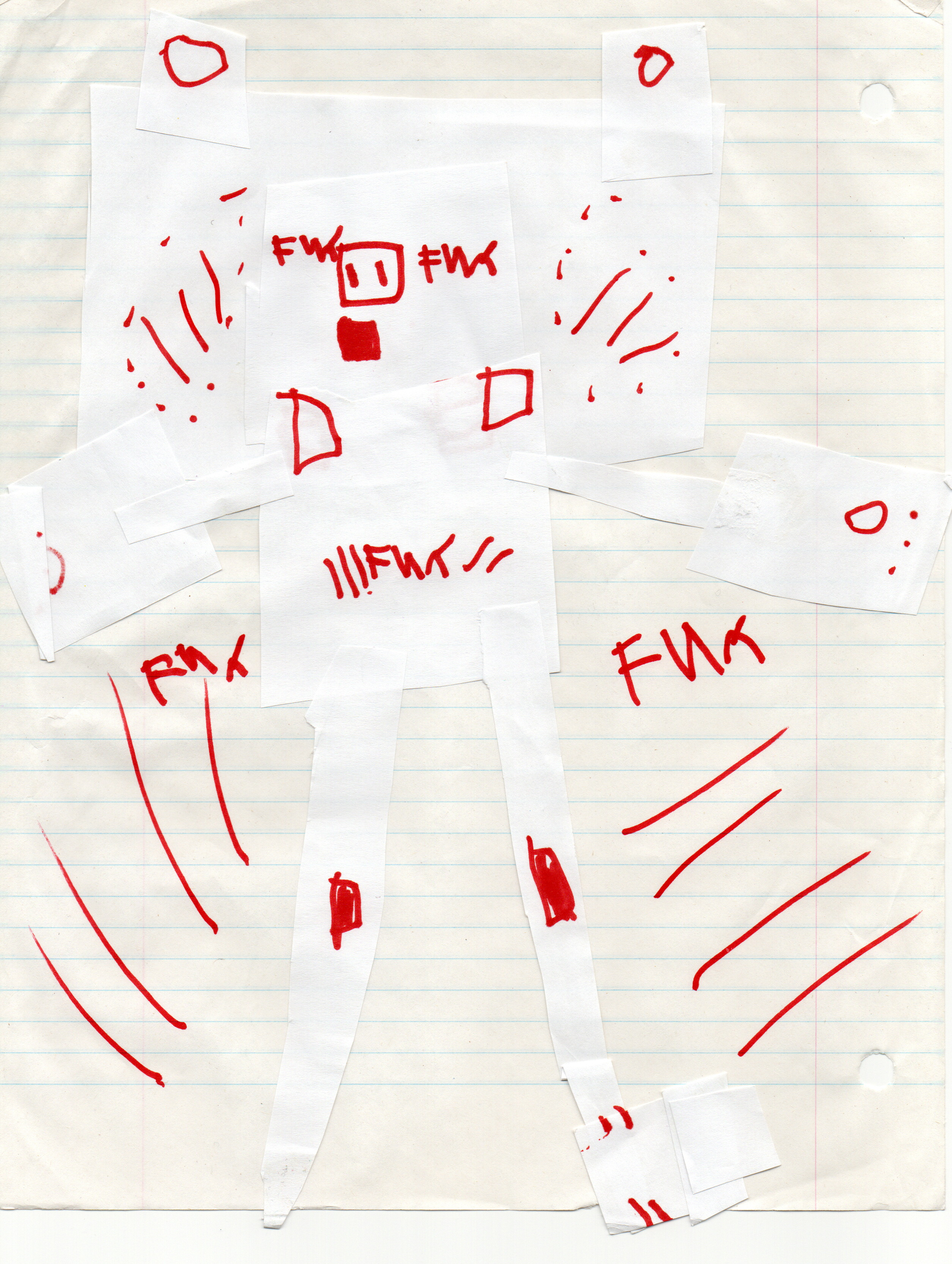 [cck] this one really wowed me - a collage of printer paper on lined paper with some marker. admittedly, my "wow" was more of a gasp when i was first presented with this; i had not realized the text says "fun". 