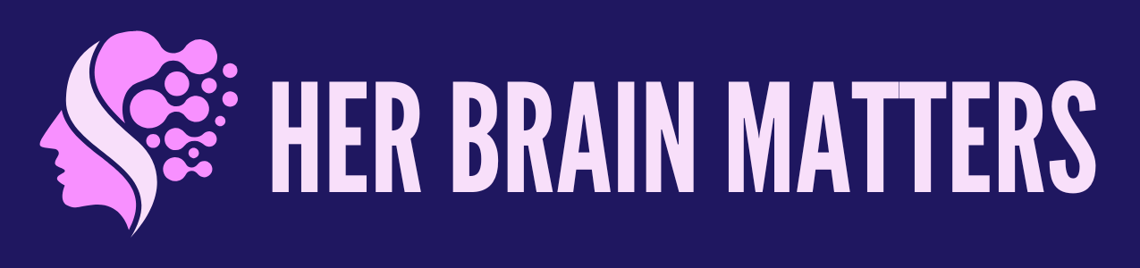 Logo for Her Brain Matters featuring a stylized profile of a woman with flowing hair represented by pink circles and the text "HER BRAIN MATTERS" in bold purple letters on a dark background.