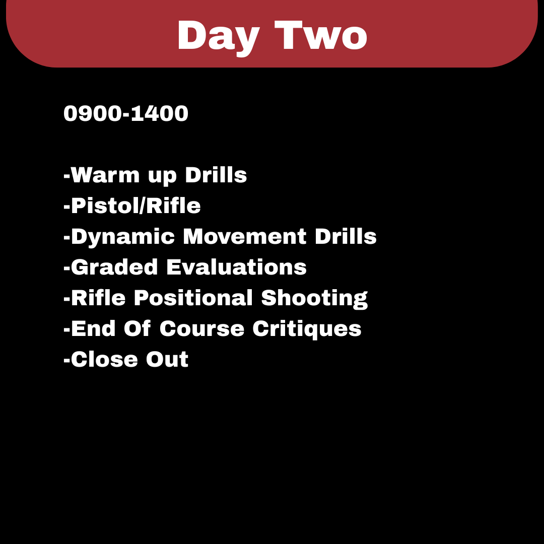 Schedule for Day Two of a shooting or training session, including drills, evaluations, and close-out activities from 9:00 am to 2:00 pm.